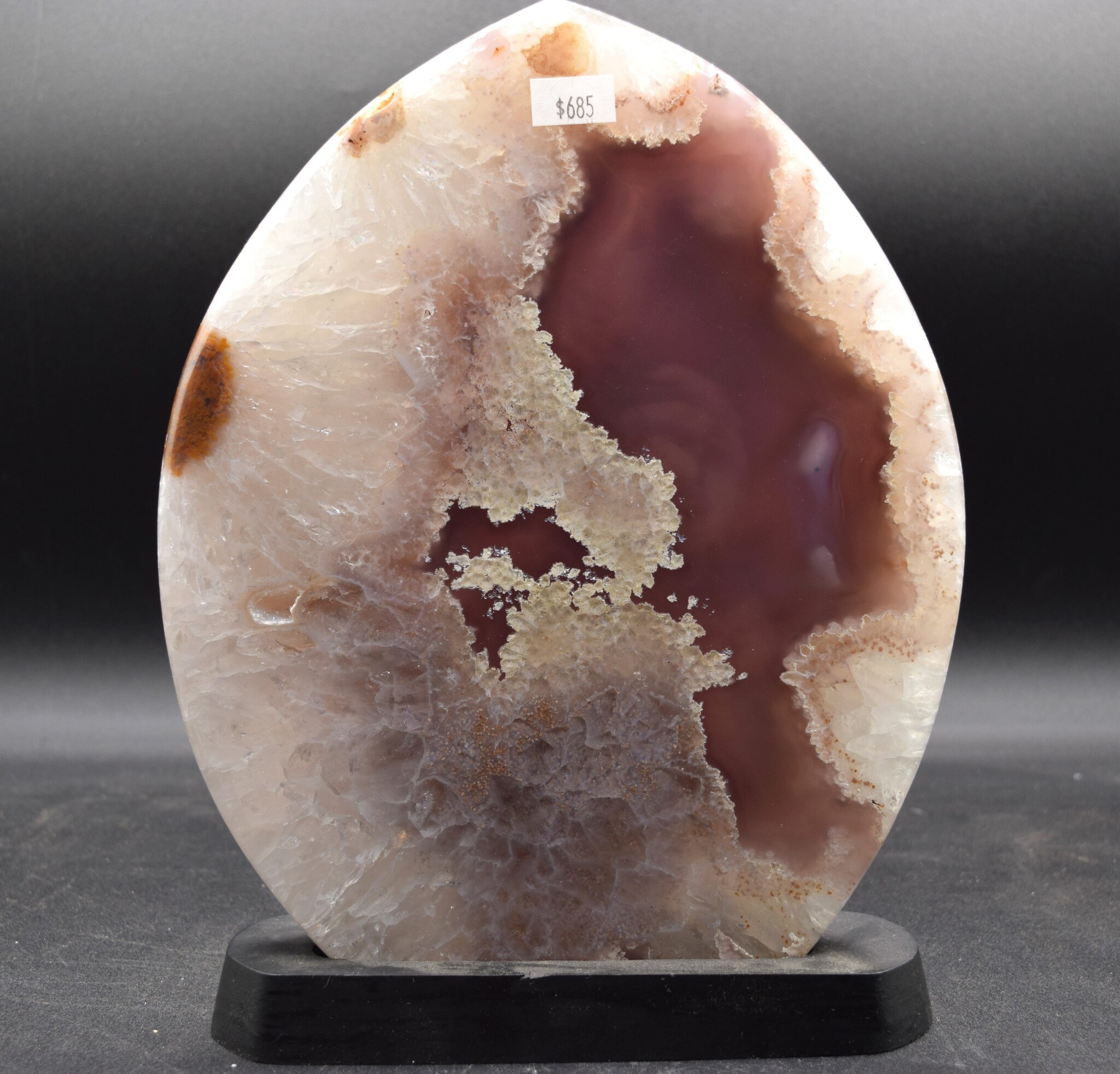 Quartz + Agate 2.96kg Polished Flame w/ Druzy on Black Base