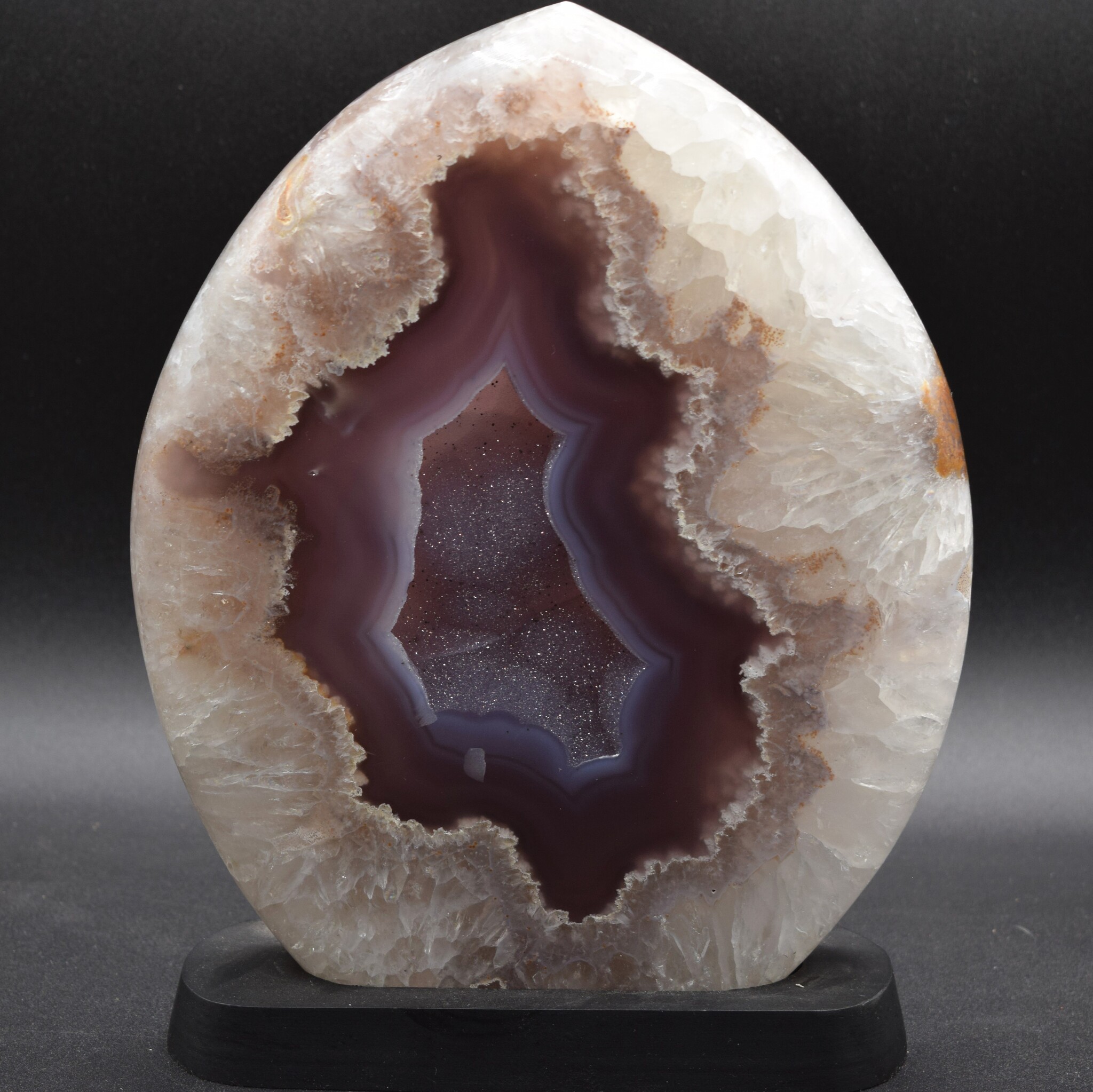 Quartz + Agate 2.96kg Polished Flame w/ Druzy on Black Base