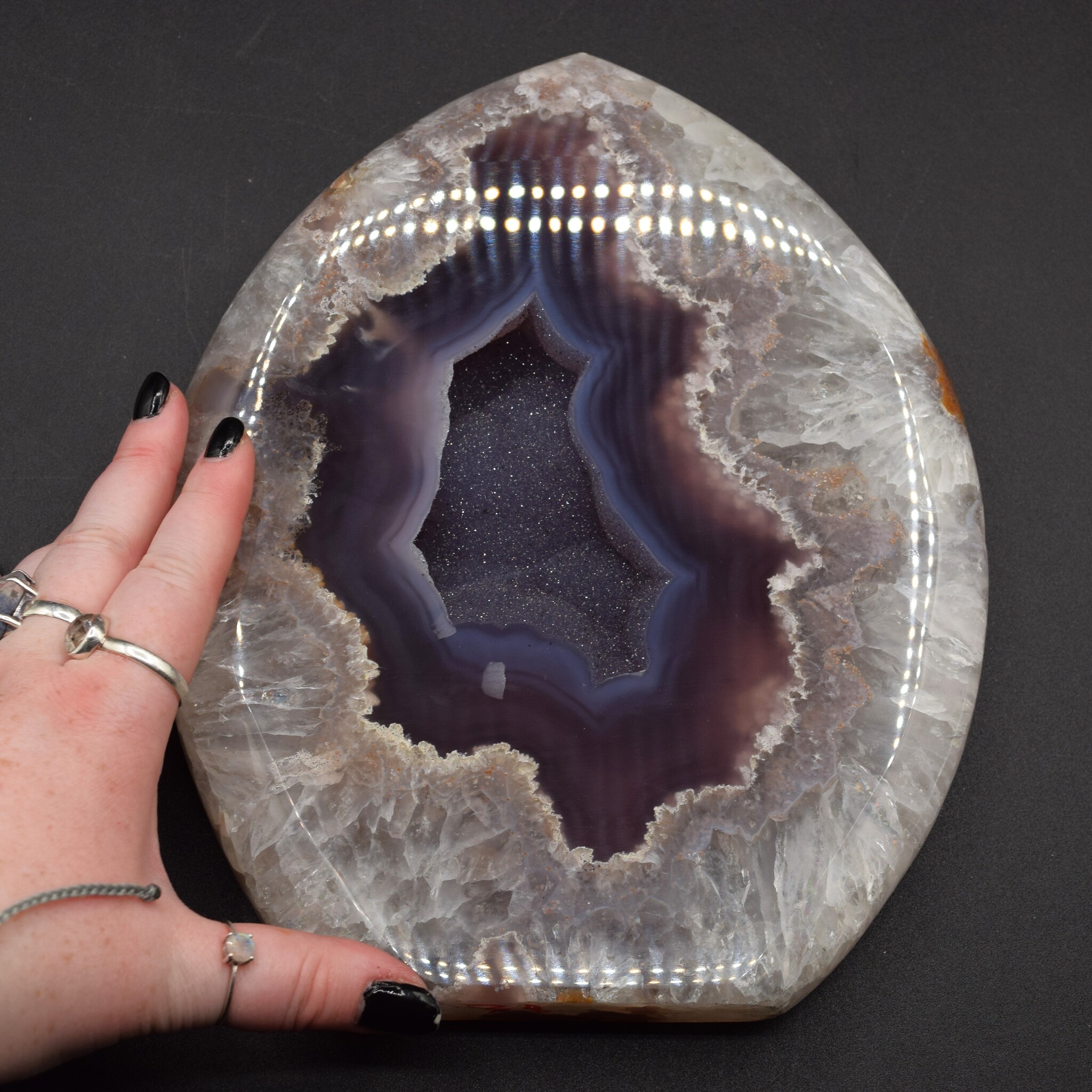 Quartz + Agate 2.96kg Polished Flame w/ Druzy on Black Base