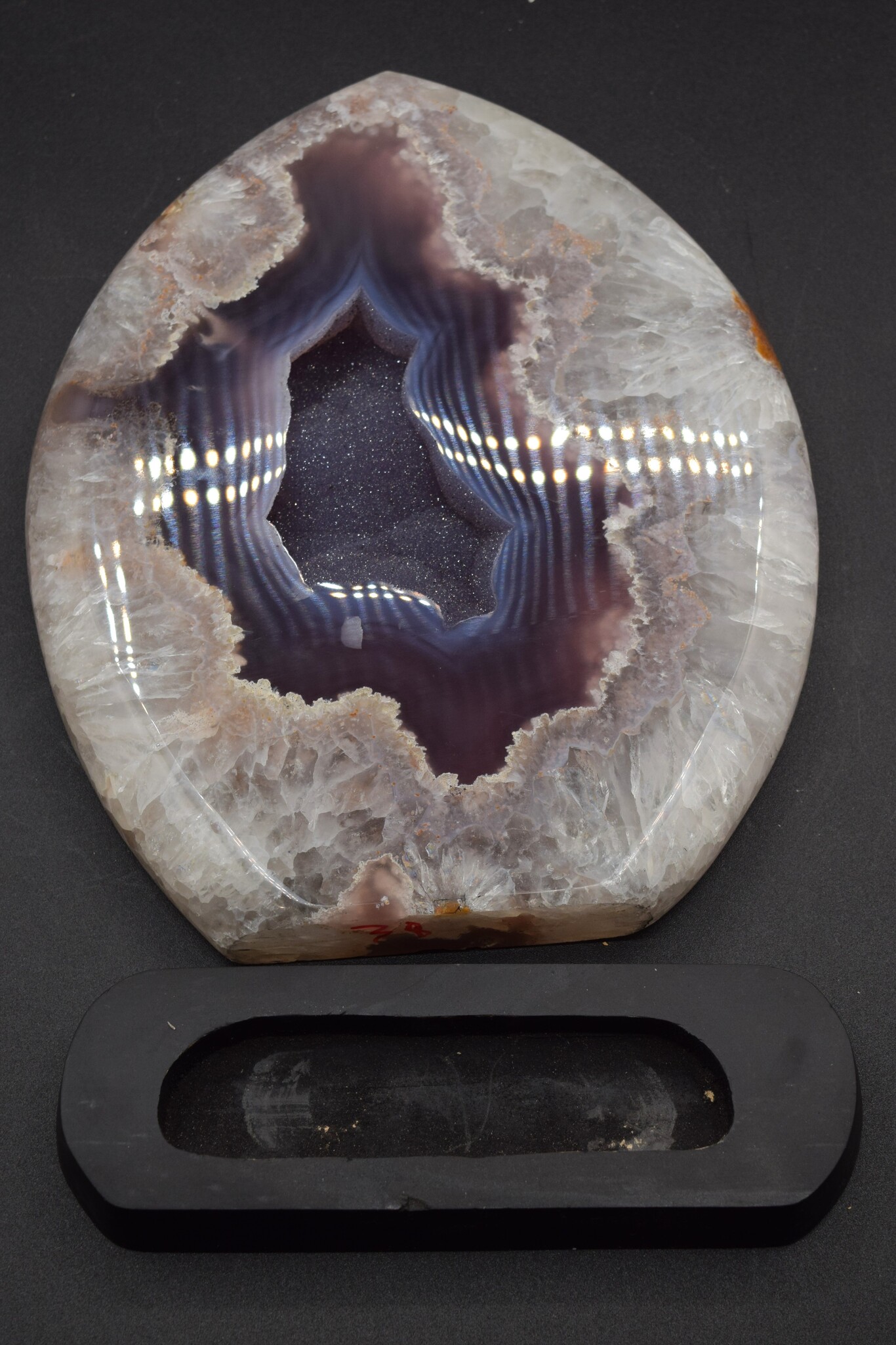 Quartz + Agate 2.96kg Polished Flame w/ Druzy on Black Base