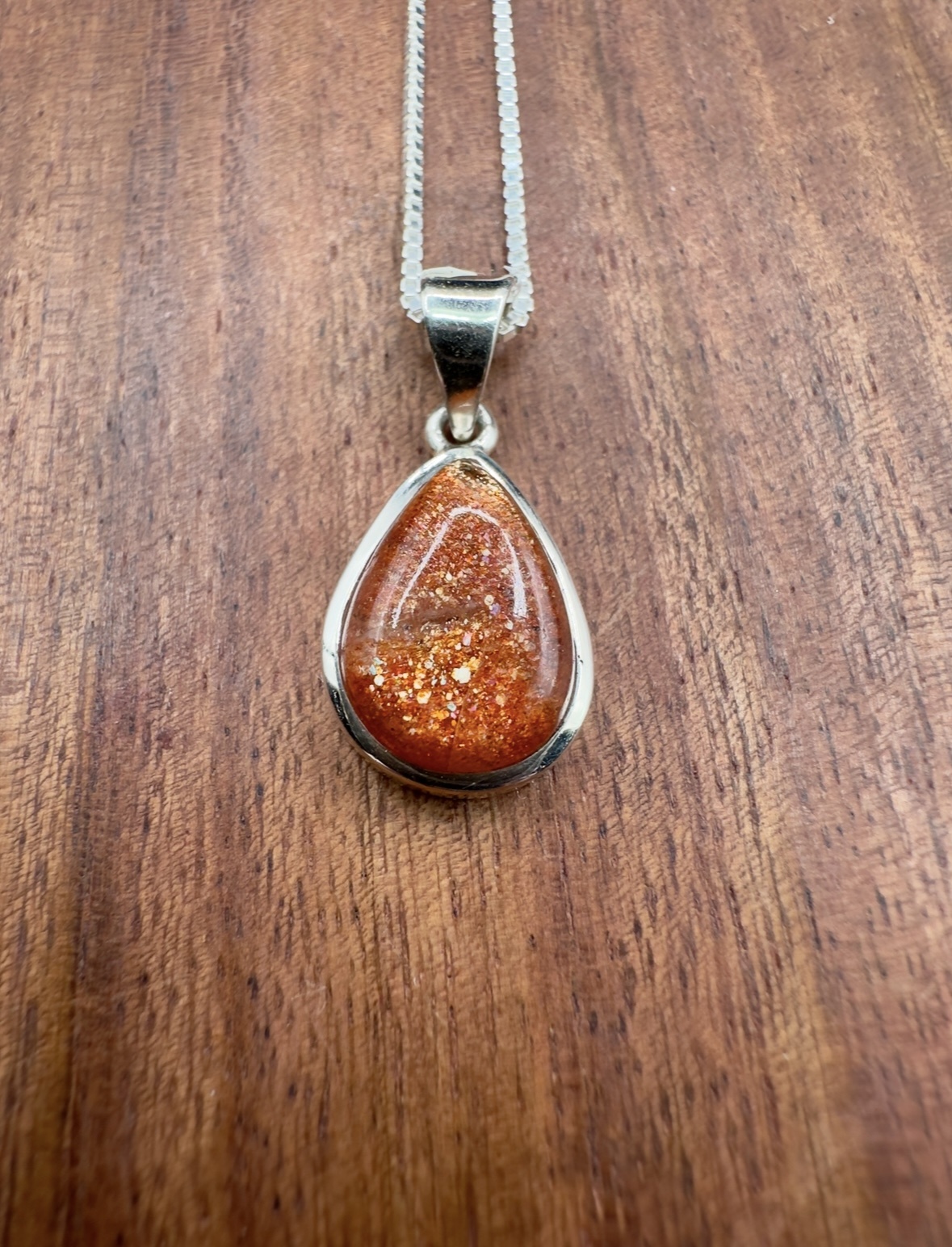 SS Sunstone  Pear 14mm Cabochon Bezel Set Pendant 18" Chain