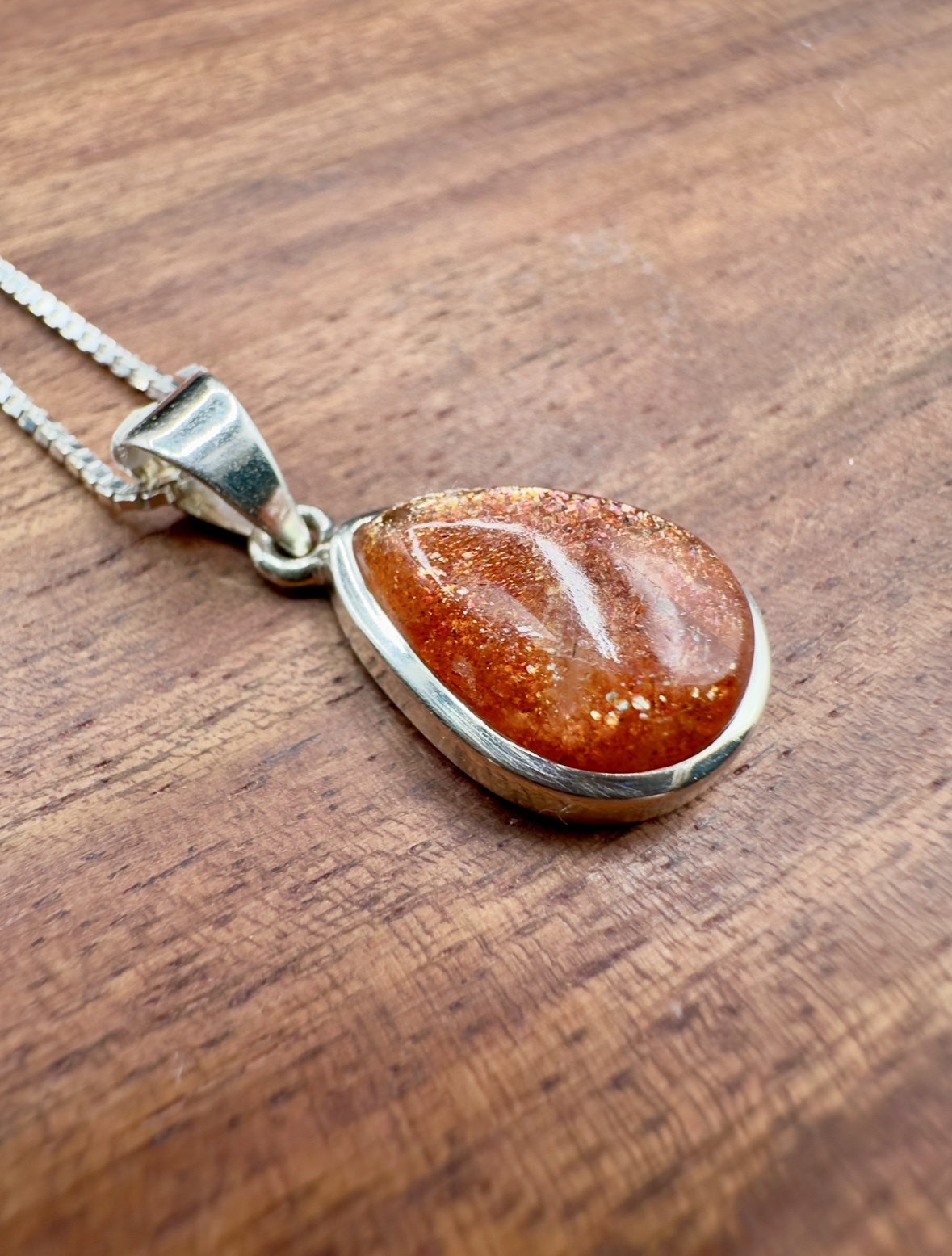 SS Sunstone  Pear 14mm Cabochon Bezel Set Pendant 18" Chain
