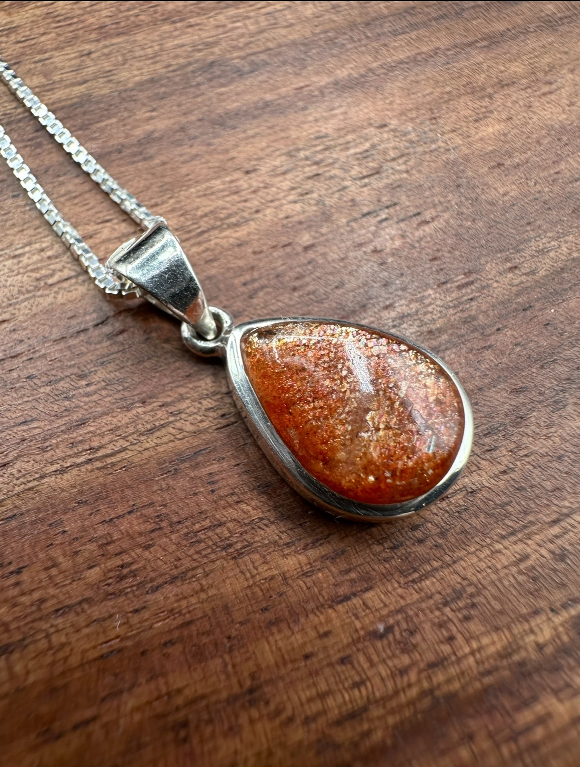 SS Sunstone  Pear 14mm Cabochon Bezel Set Pendant 18" Chain