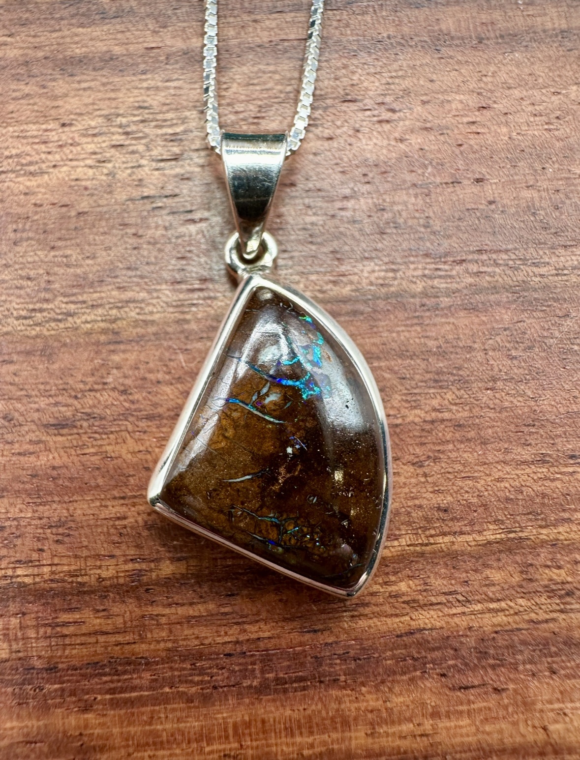 SS Australian Boulder Opal 21mm Triangular Cab Bezel Set Pendant on 18" Chain