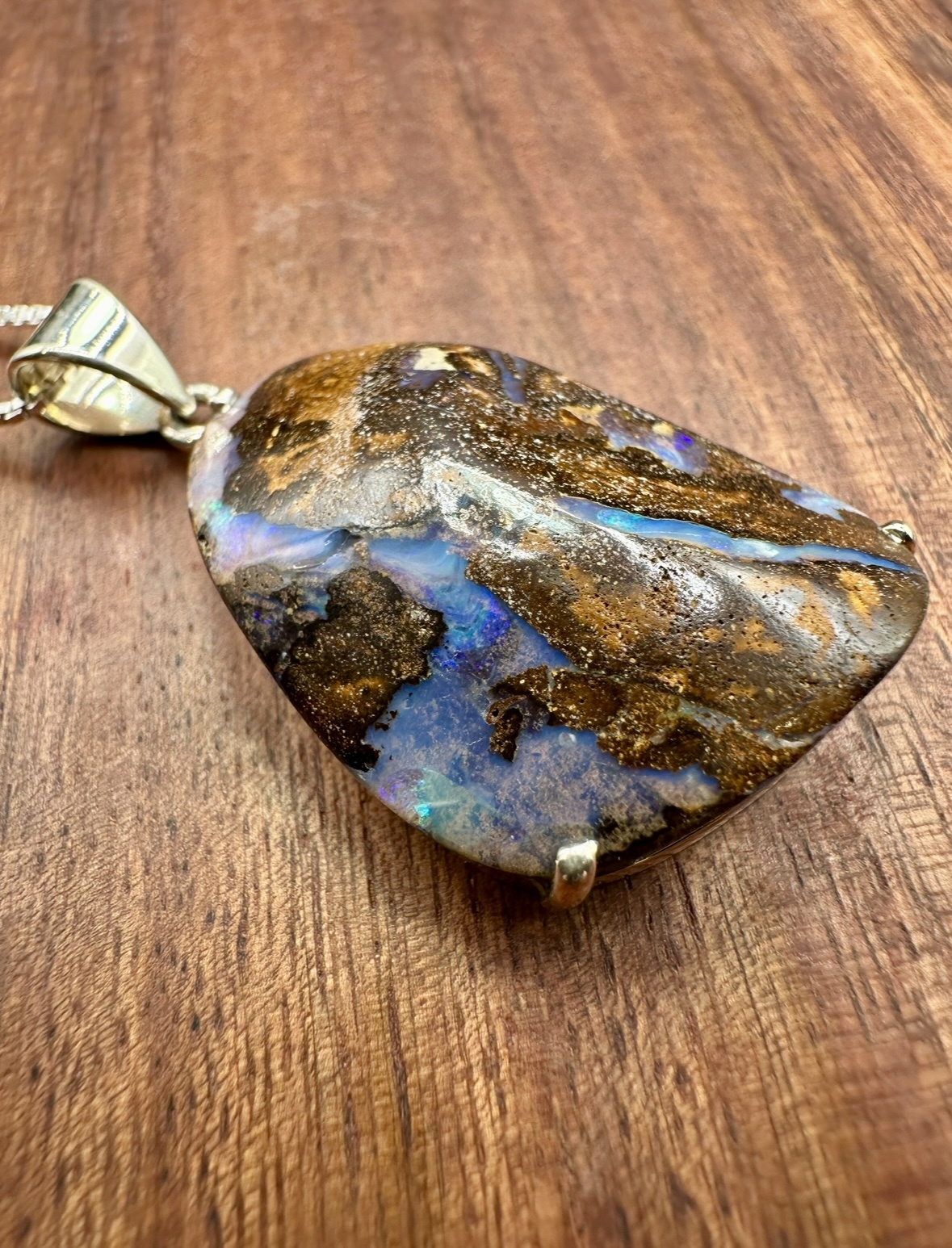 Australian Boulder Opal 30mm Prong Set Pendant on 18" Box Chain