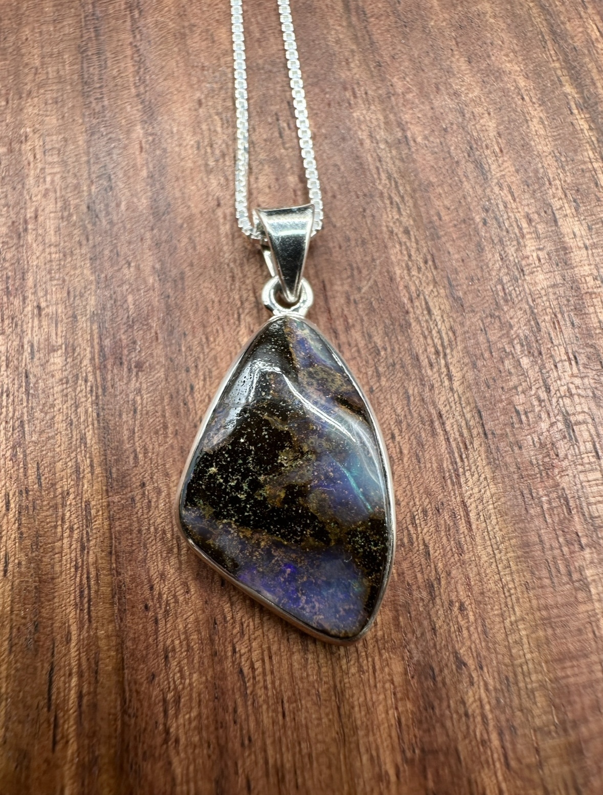 Australian Boulder Opal 22mm Triangular Cabochon Bezel Set Pendant on 18" Chain