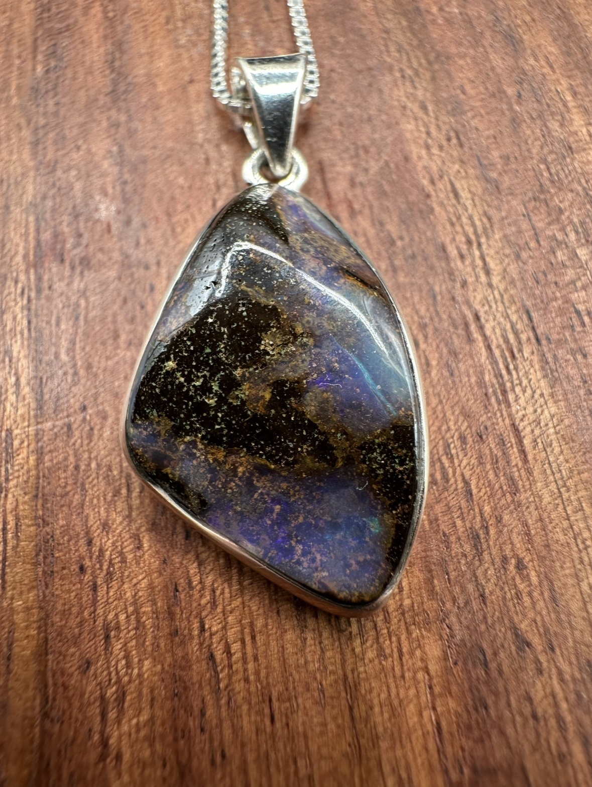 Australian Boulder Opal 22mm Triangular Cabochon Bezel Set Pendant on 18" Chain