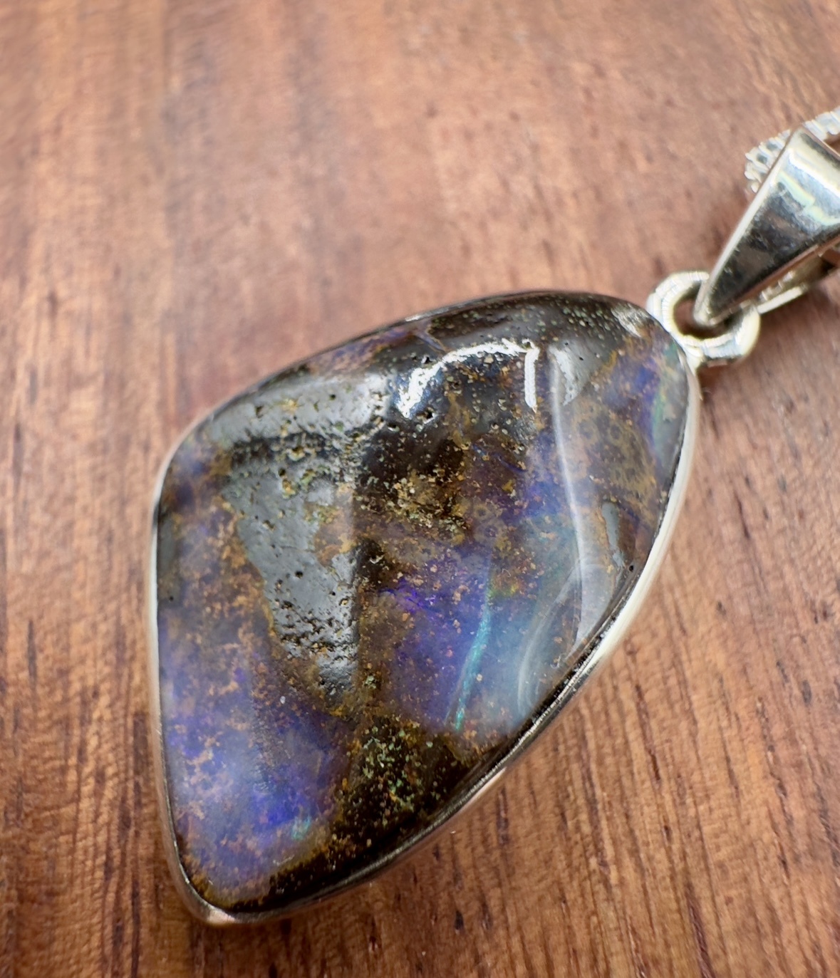 Australian Boulder Opal 22mm Triangular Cabochon Bezel Set Pendant on 18" Chain