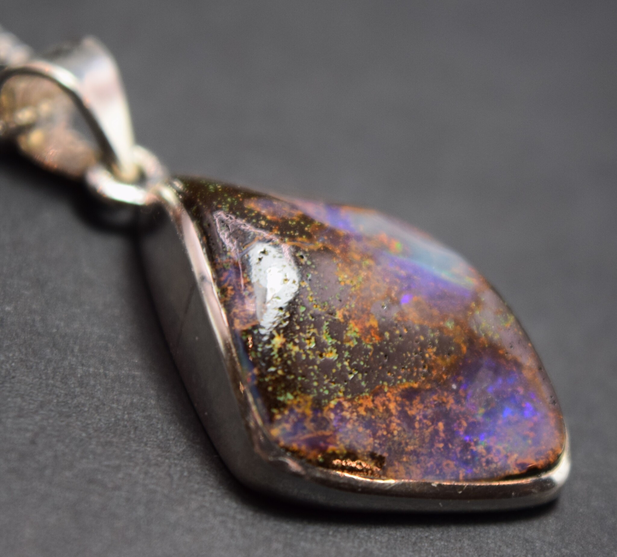 Australian Boulder Opal 22mm Triangular Cabochon Bezel Set Pendant on 18" Chain