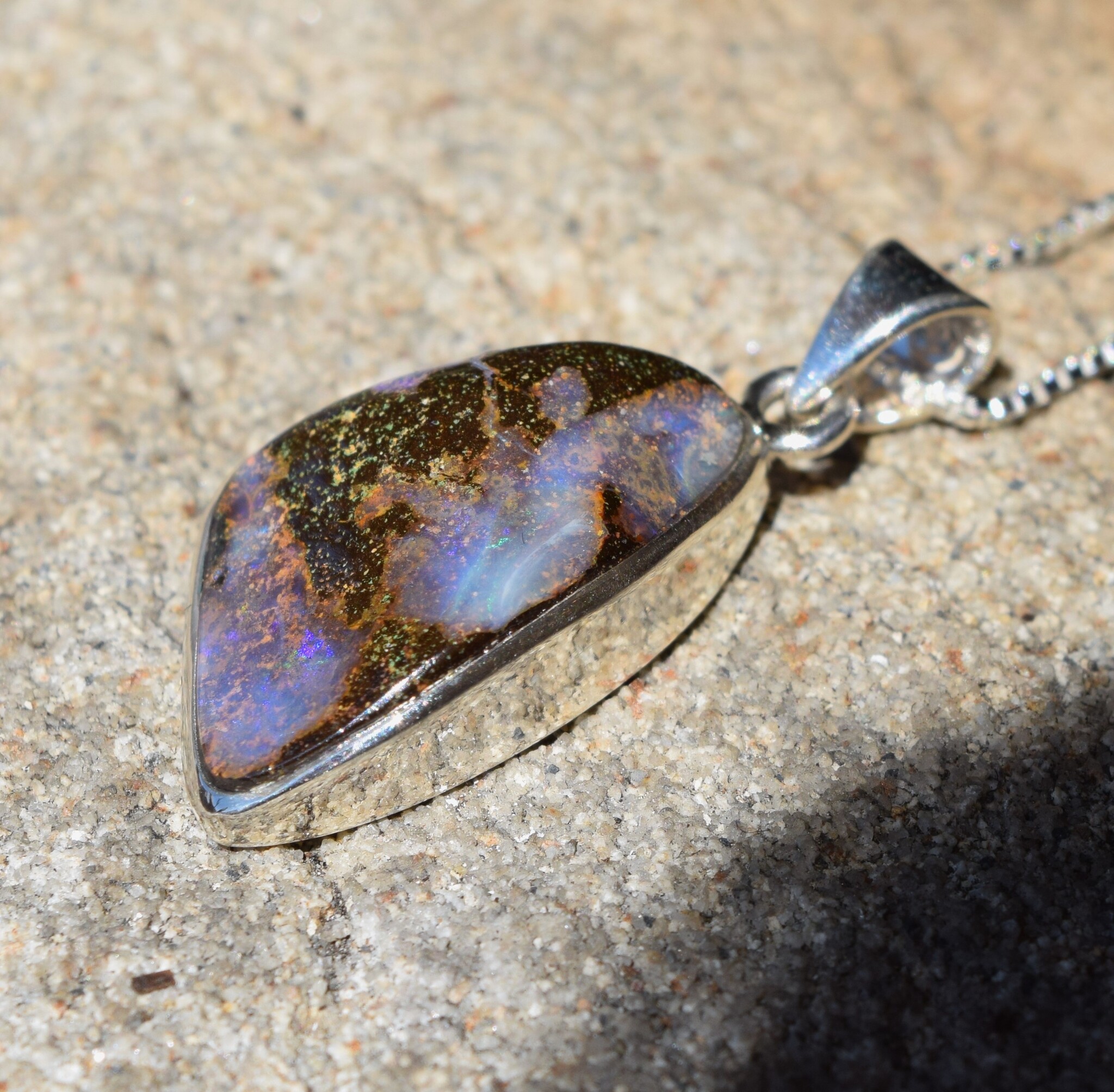 Australian Boulder Opal 22mm Triangular Cabochon Bezel Set Pendant on 18" Chain