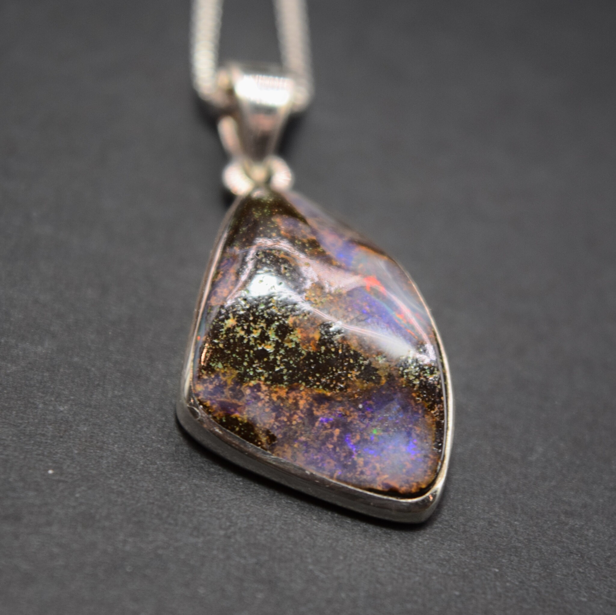 Australian Boulder Opal 22mm Triangular Cabochon Bezel Set Pendant on 18" Chain