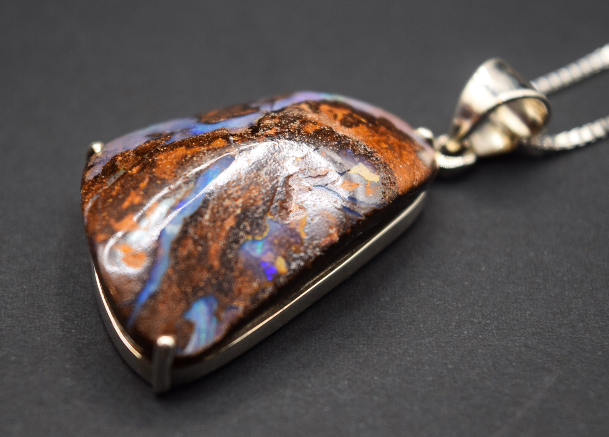 Australian Boulder Opal 30mm Prong Set Pendant on 18" Box Chain