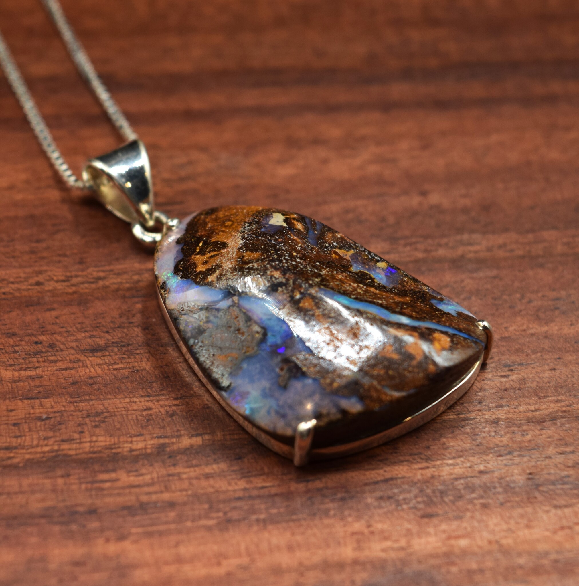 Australian Boulder Opal 30mm Prong Set Pendant on 18" Box Chain