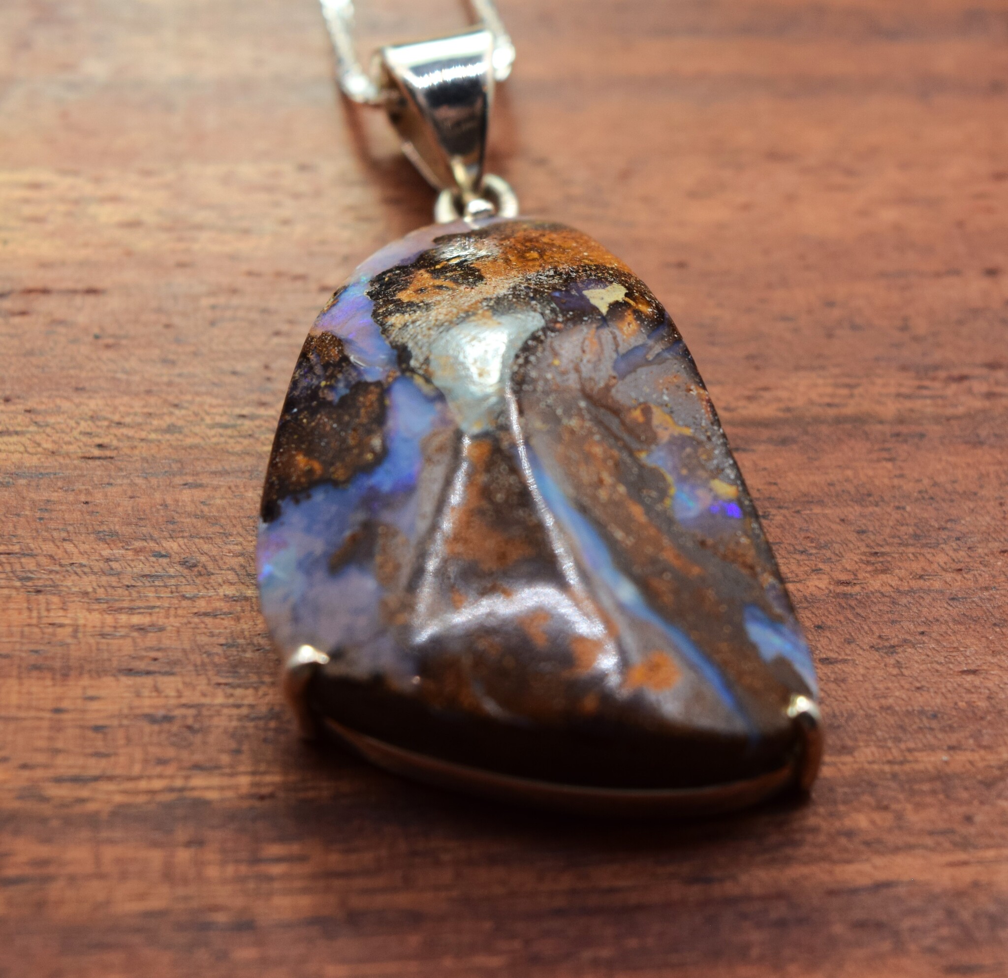 Australian Boulder Opal 30mm Prong Set Pendant on 18" Box Chain