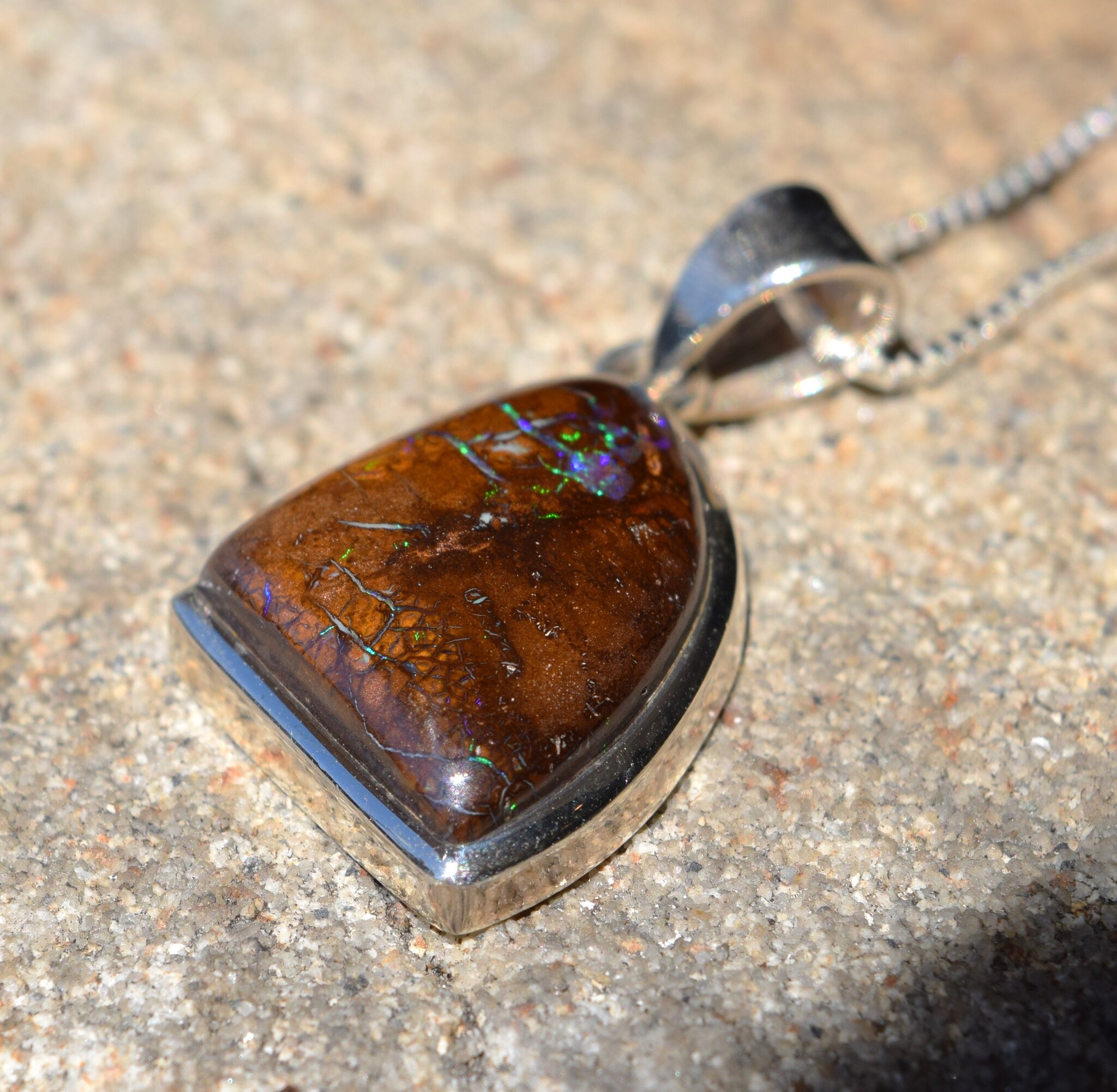 SS Australian Boulder Opal 21mm Triangular Cab Bezel Set Pendant on 18" Chain