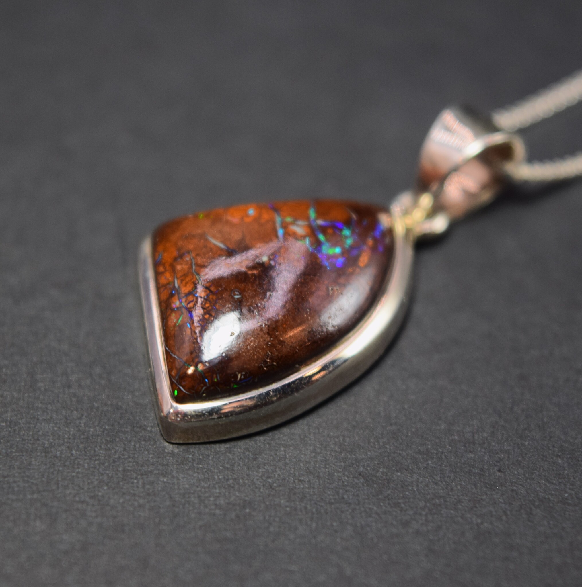 SS Australian Boulder Opal 21mm Triangular Cab Bezel Set Pendant on 18" Chain