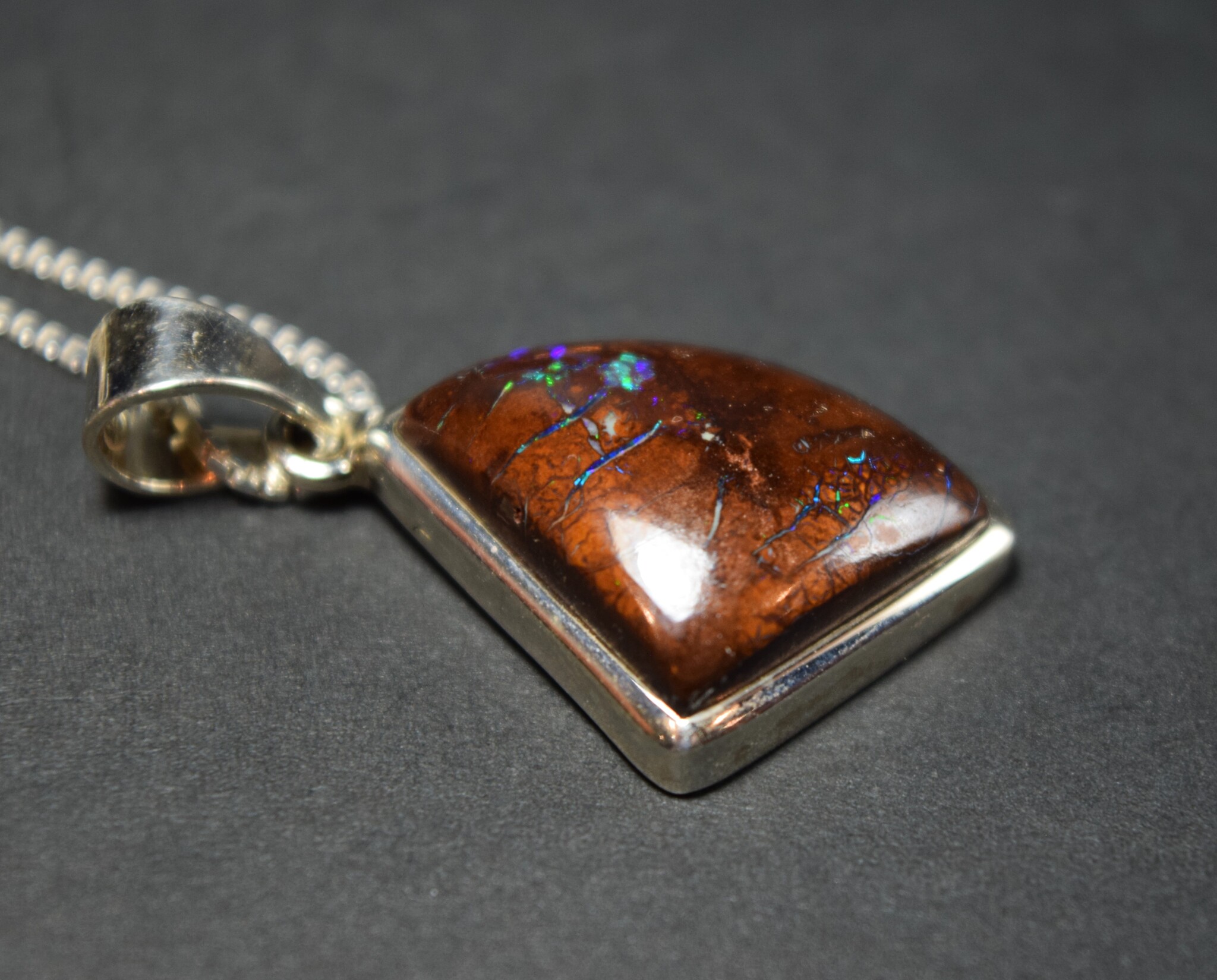 SS Australian Boulder Opal 21mm Triangular Cab Bezel Set Pendant on 18" Chain