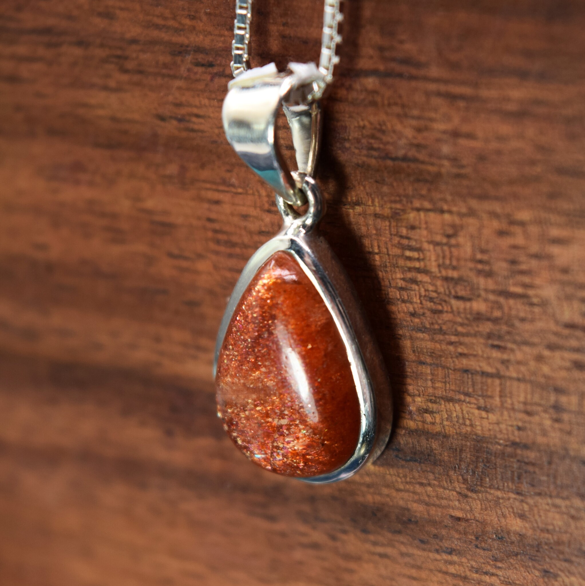 SS Sunstone  Pear 14mm Cabochon Bezel Set Pendant 18" Chain