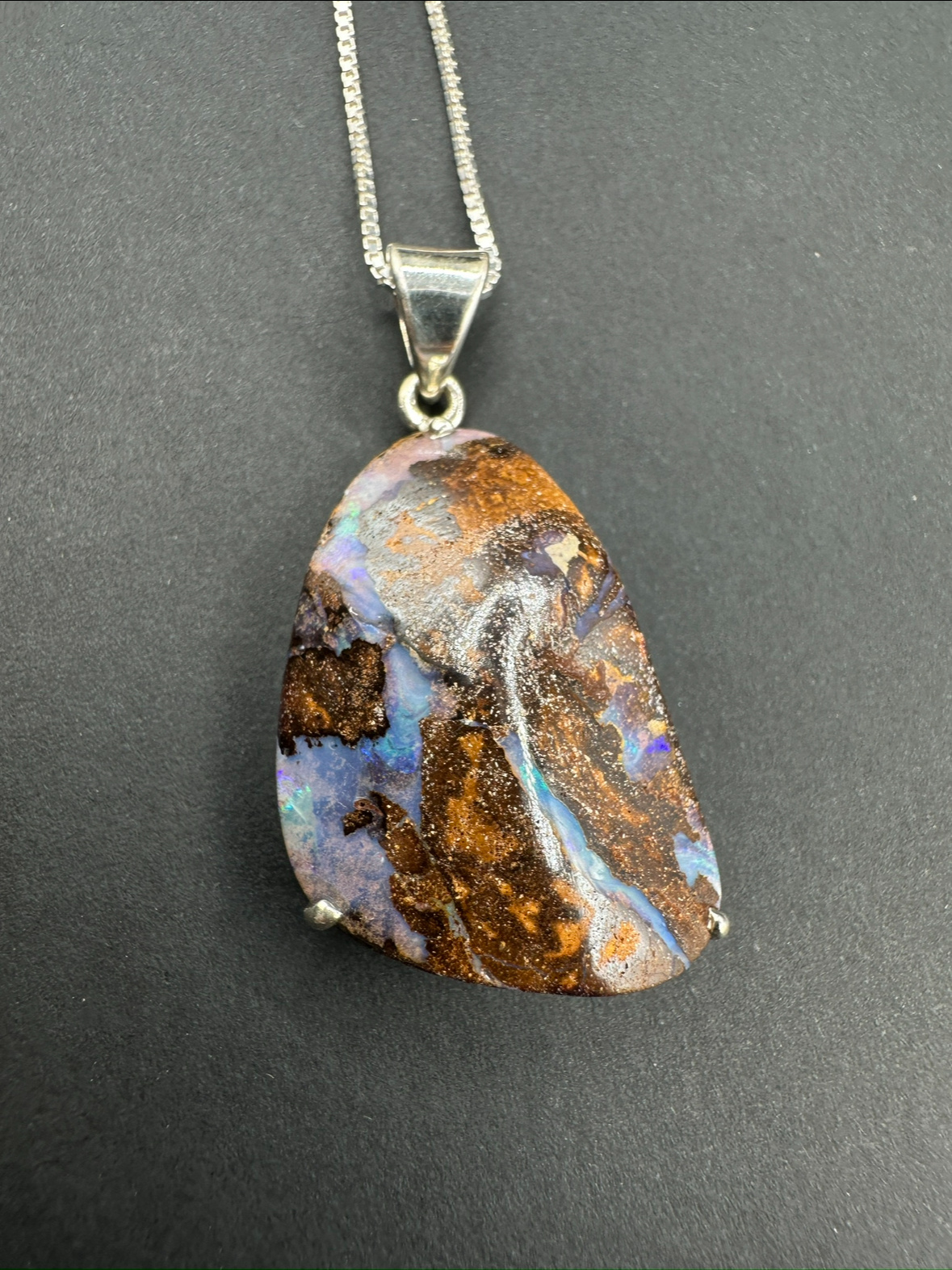 Australian Boulder Opal 30mm Prong Set Pendant on 18" Box Chain