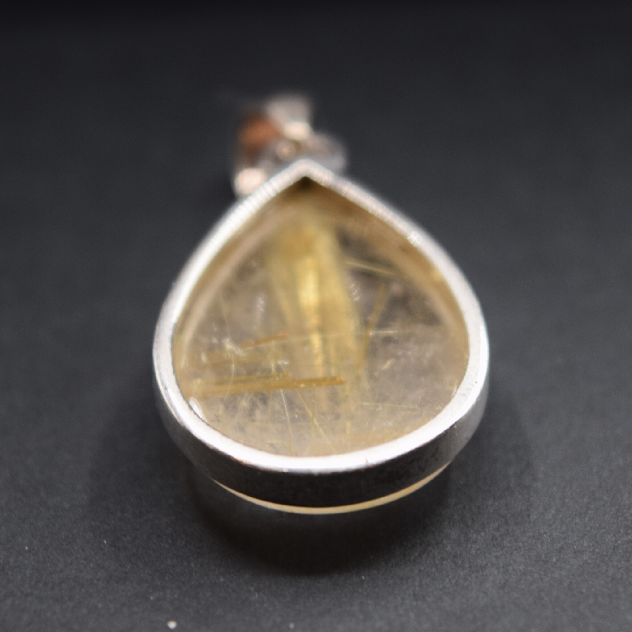 SS Rutilated Quartz 17x25mm Pear Shape Cabochon Bezel Set Pendant