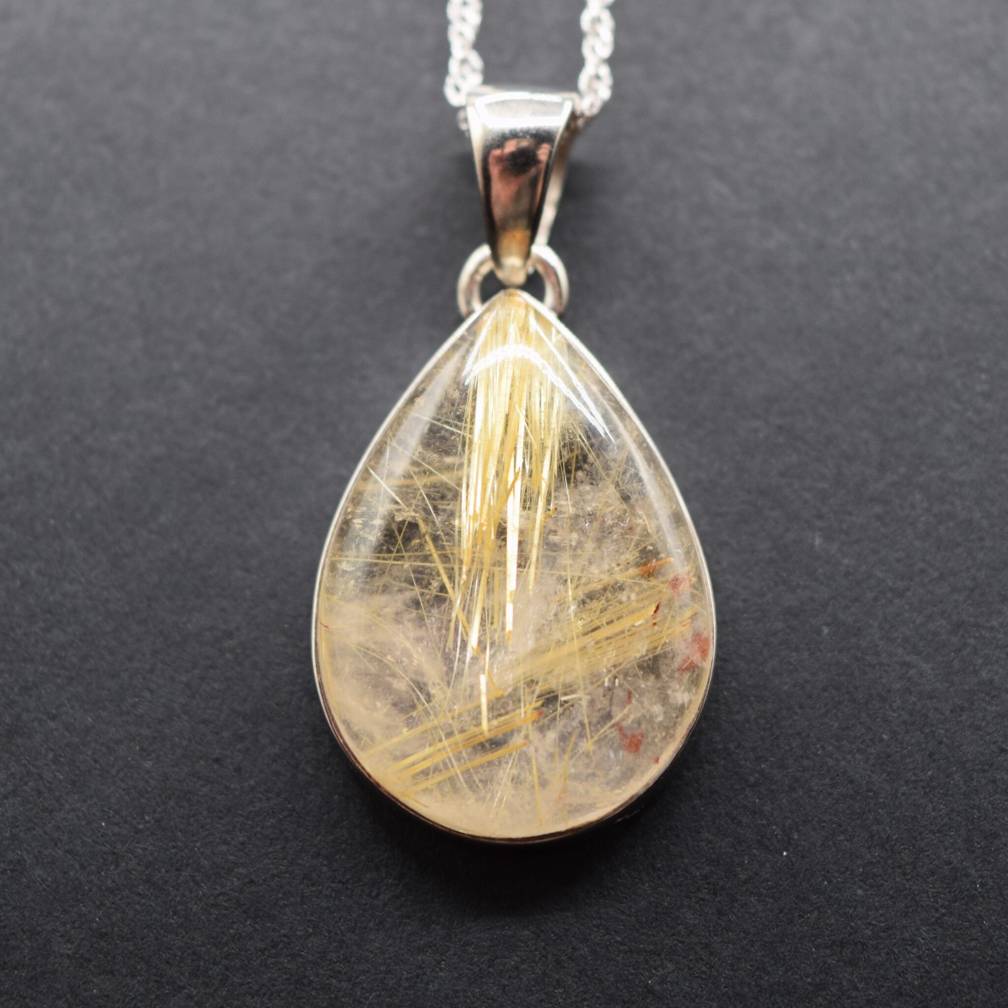SS Rutilated Quartz 17x25mm Pear Shape Cabochon Bezel Set Pendant