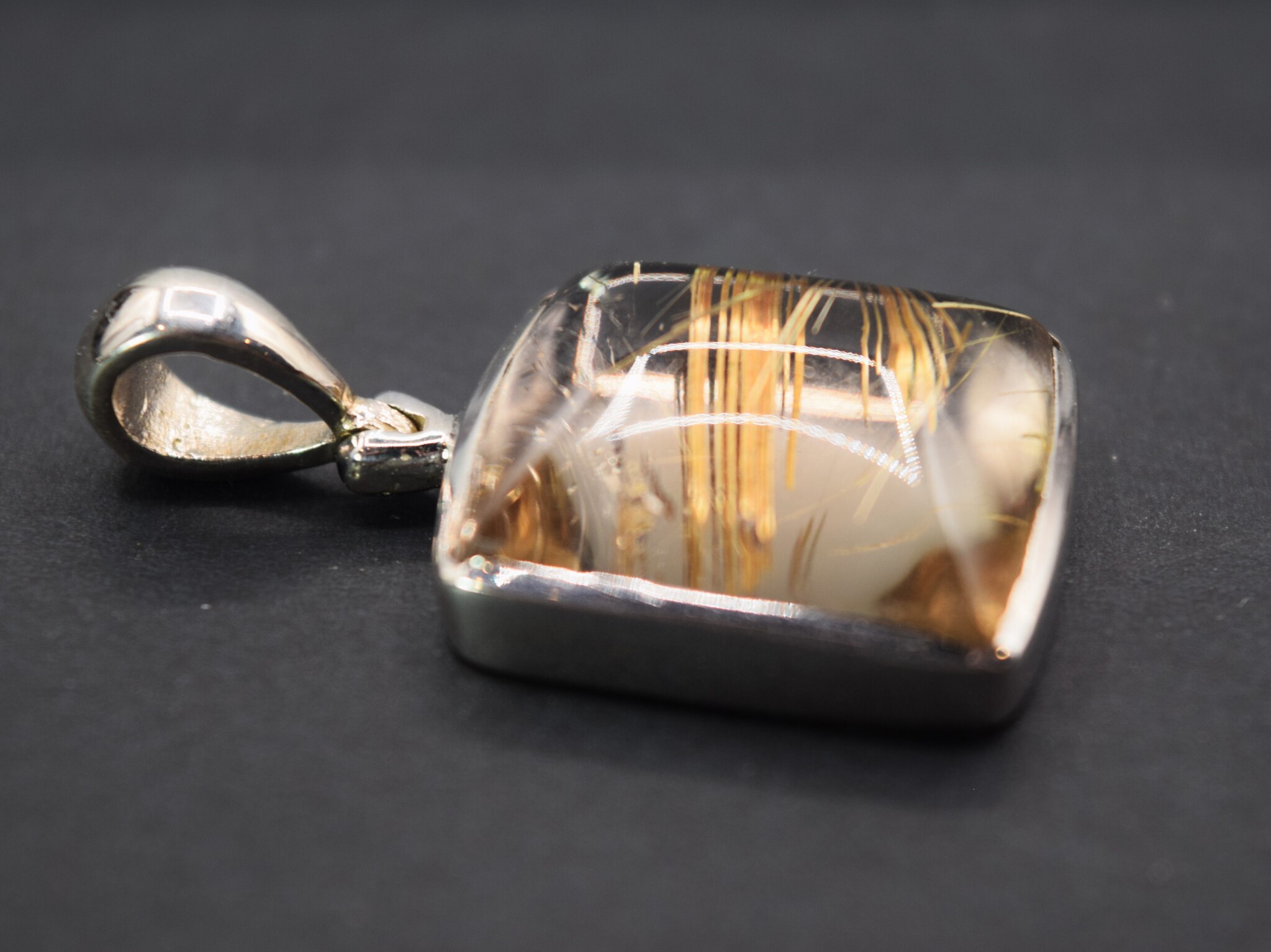 BLB 066 SS Rutilated Quartz Square 20mm Cabochon Hinged Bail Pendant