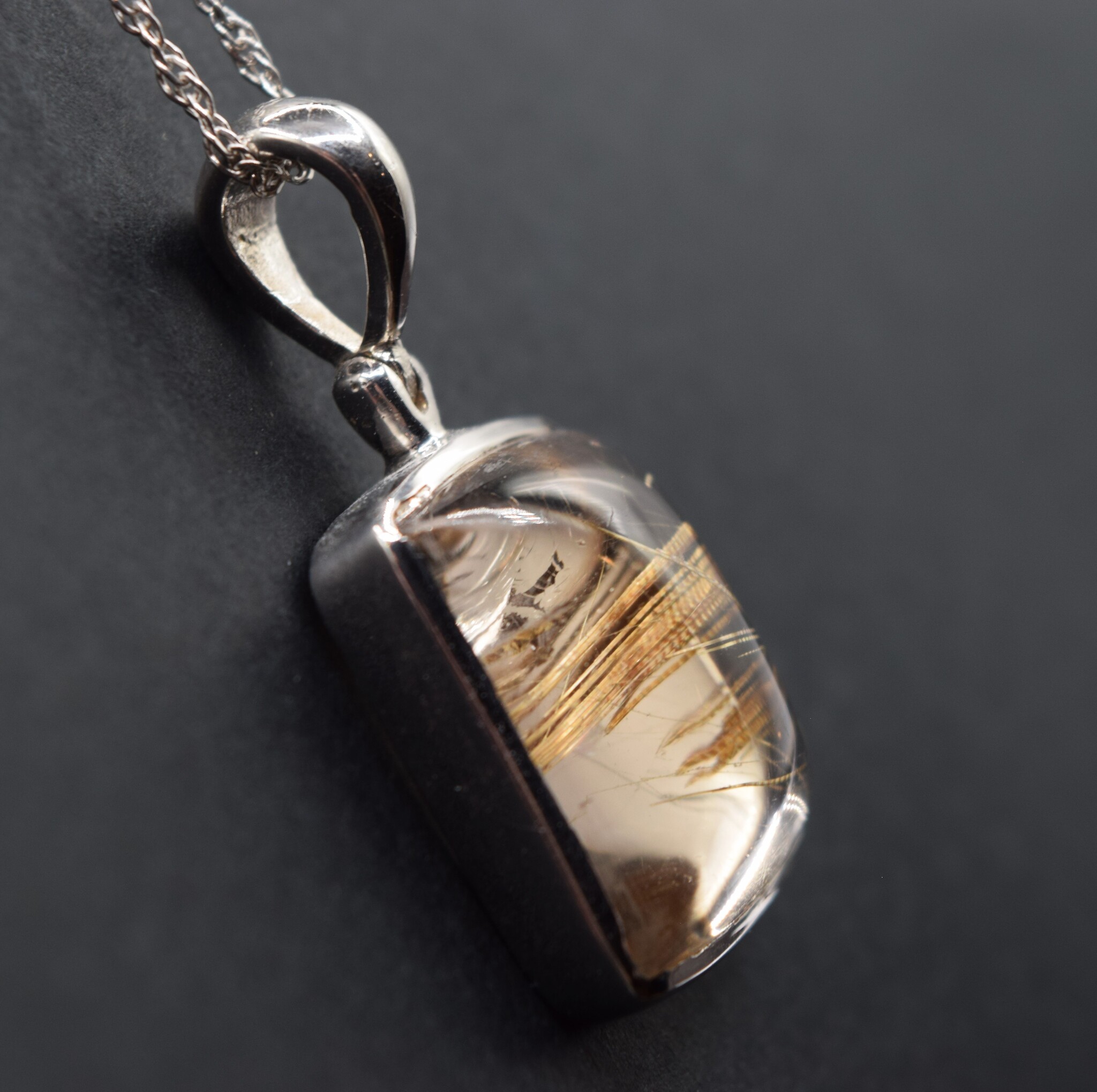 BLB 066 SS Rutilated Quartz Square 20mm Cabochon Hinged Bail Pendant