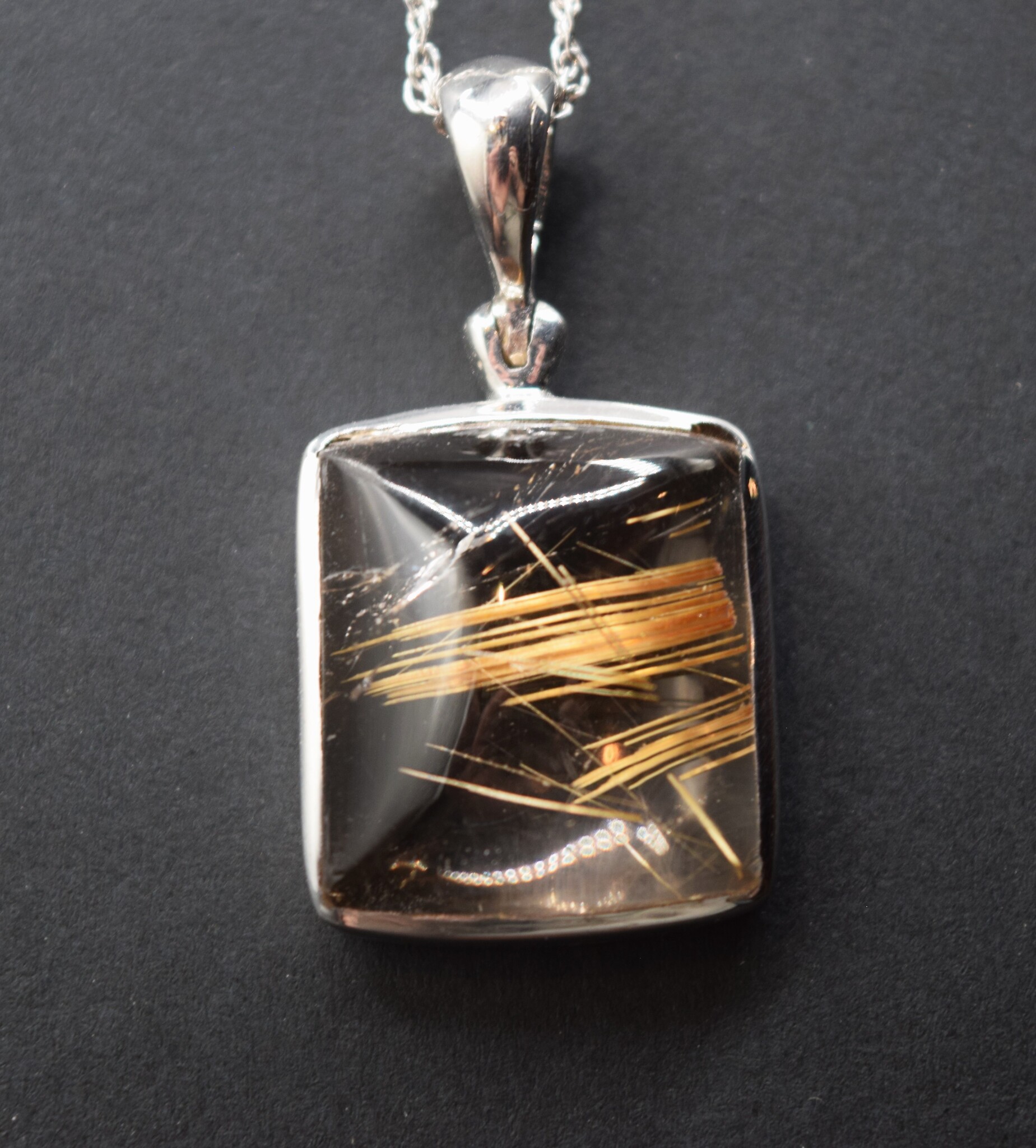 BLB 066 SS Rutilated Quartz Square 20mm Cabochon Hinged Bail Pendant