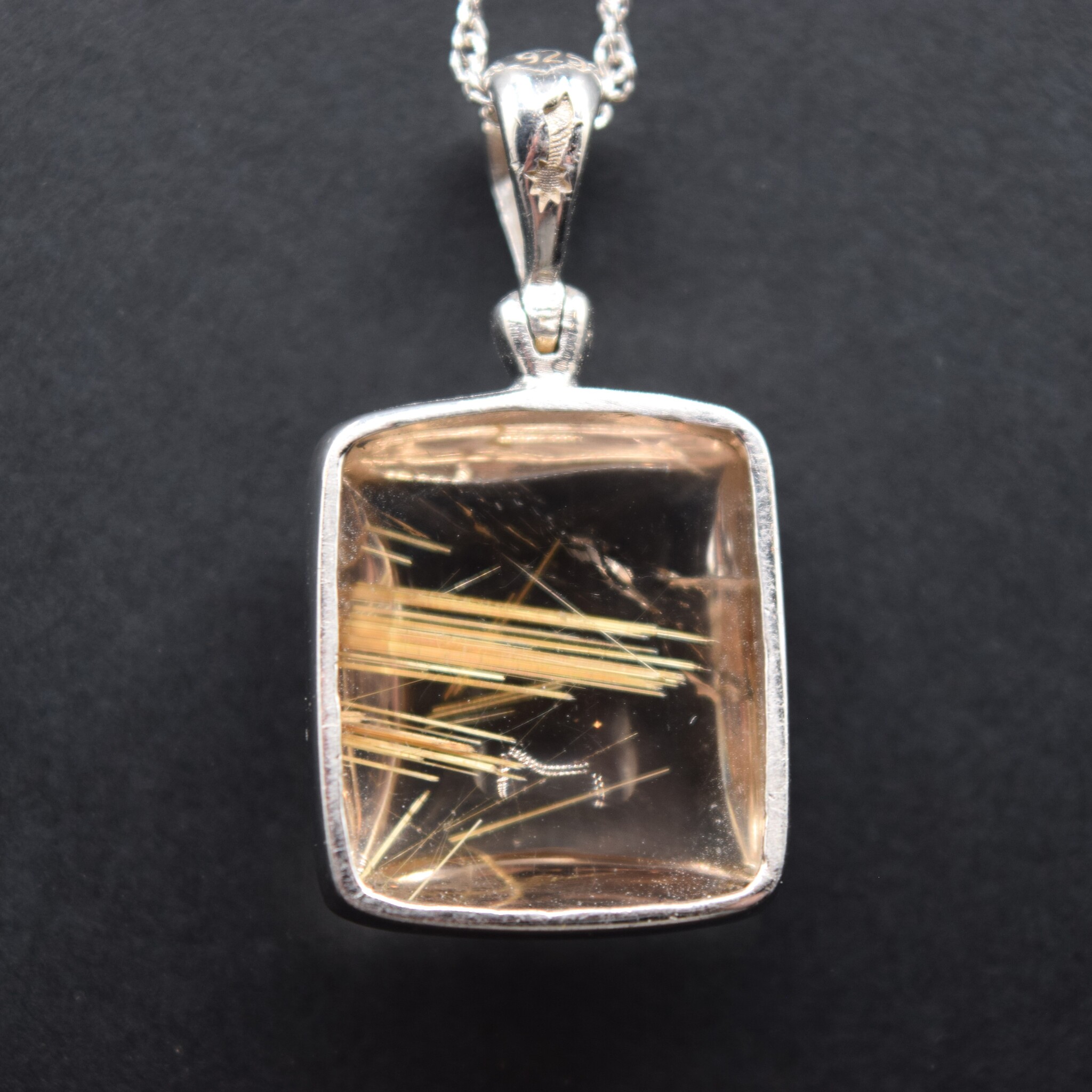 BLB 066 SS Rutilated Quartz Square 20mm Cabochon Hinged Bail Pendant