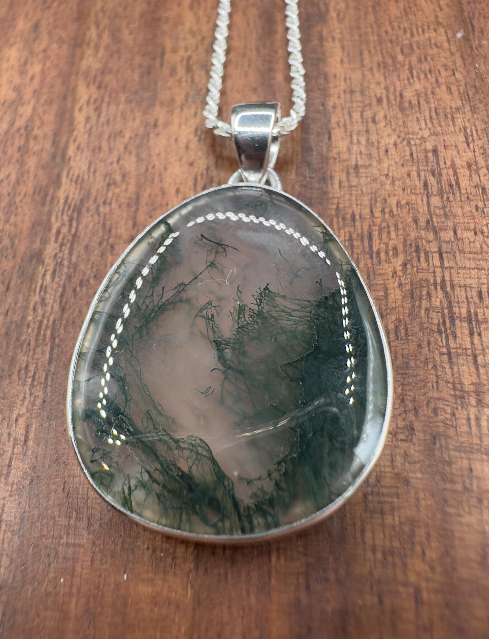 SS Moss Agate 30mm cabochon Pendant