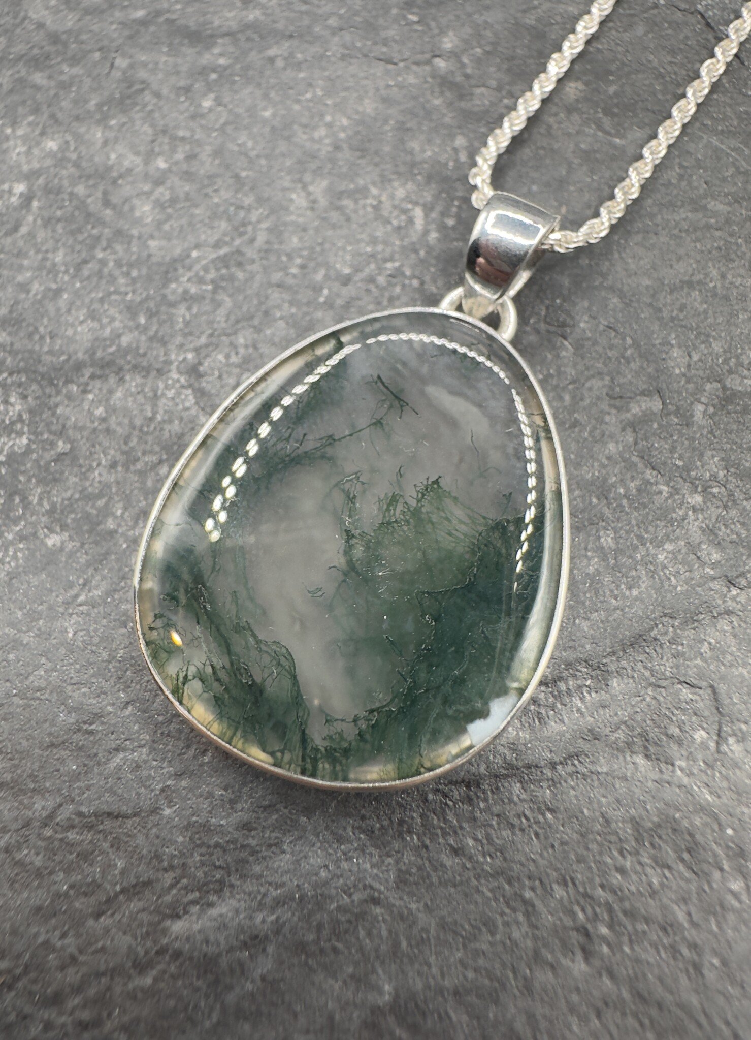 SS Moss Agate 30mm cabochon Pendant