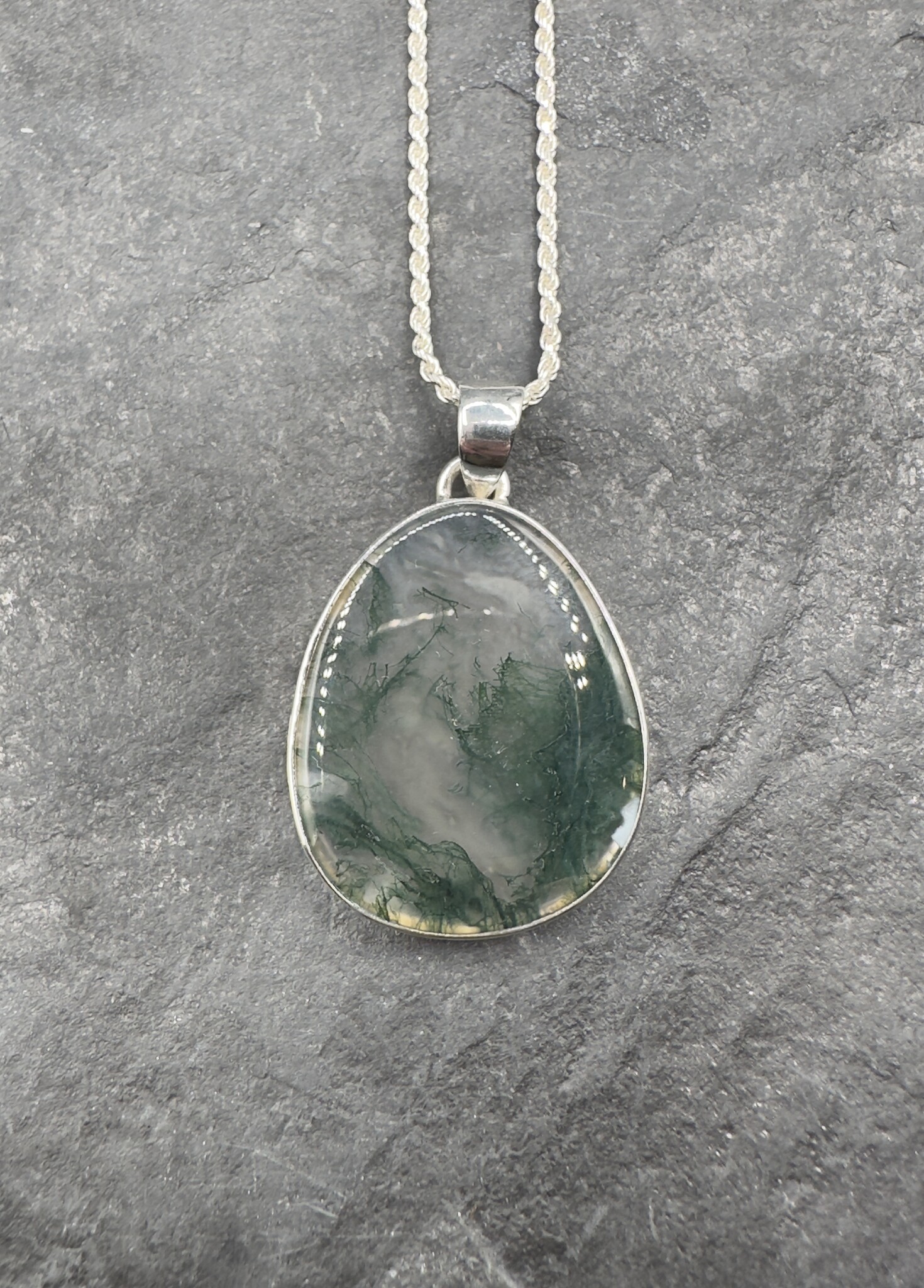SS Moss Agate 30mm cabochon Pendant