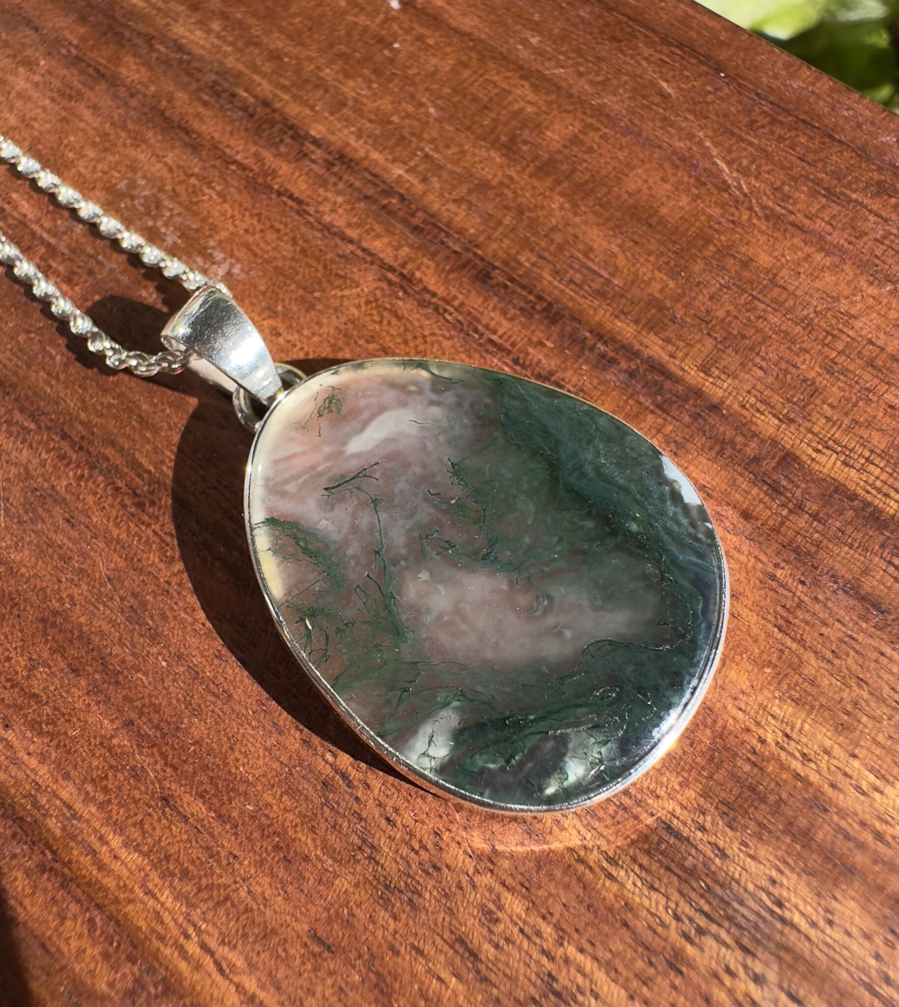 SS Moss Agate 30mm cabochon Pendant