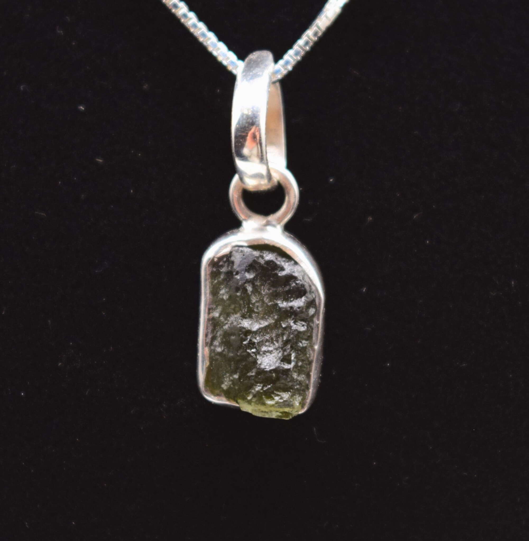 SS Moldavite Rough Tektite 11x9mm Bezel-Set Pendant on 0.9mm Box Chain