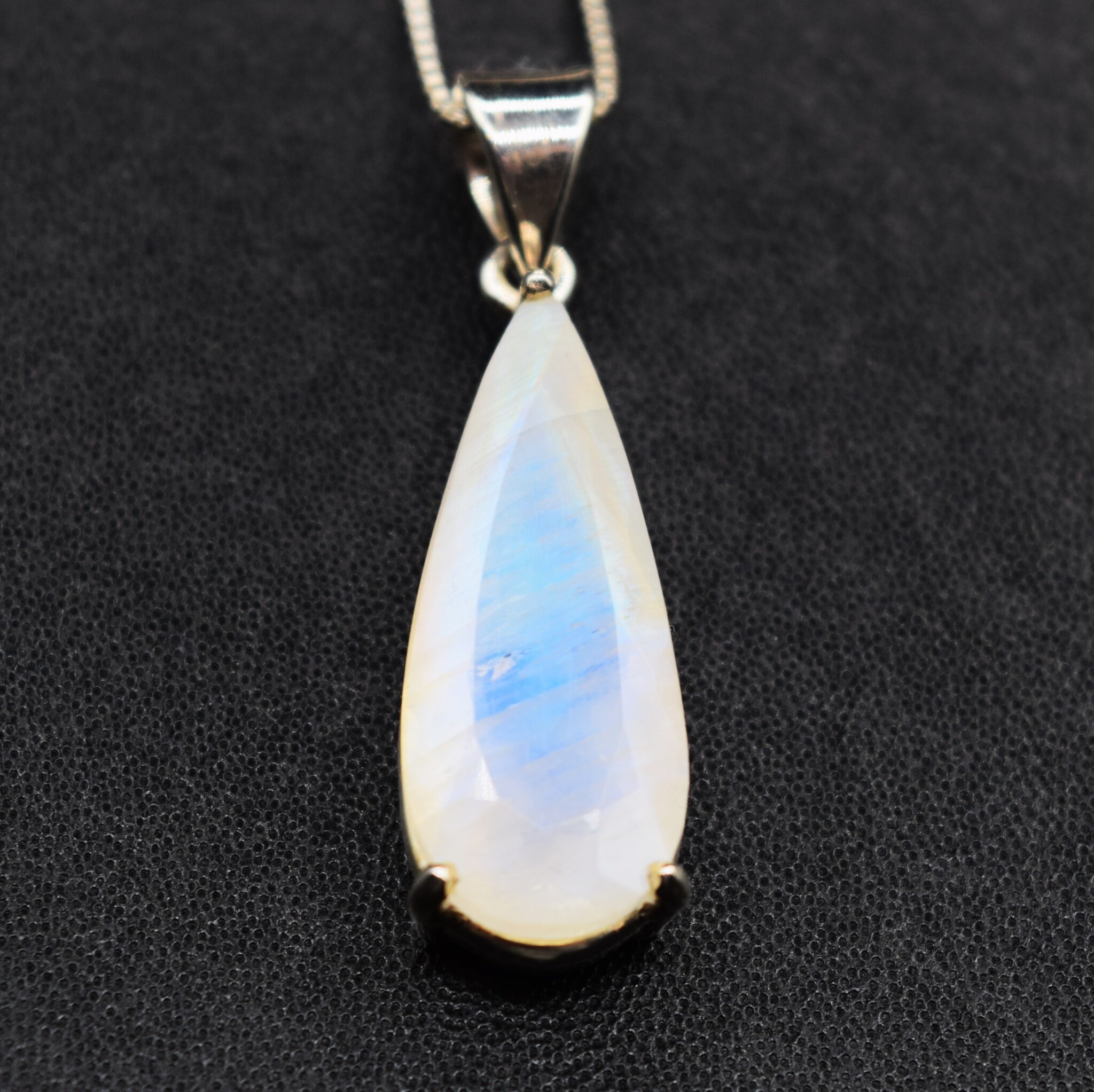 VIT 005 SS Rainbow Moonstone 11x27mm Faceted Teardrop Shaped Pendant With 18" Box Chain