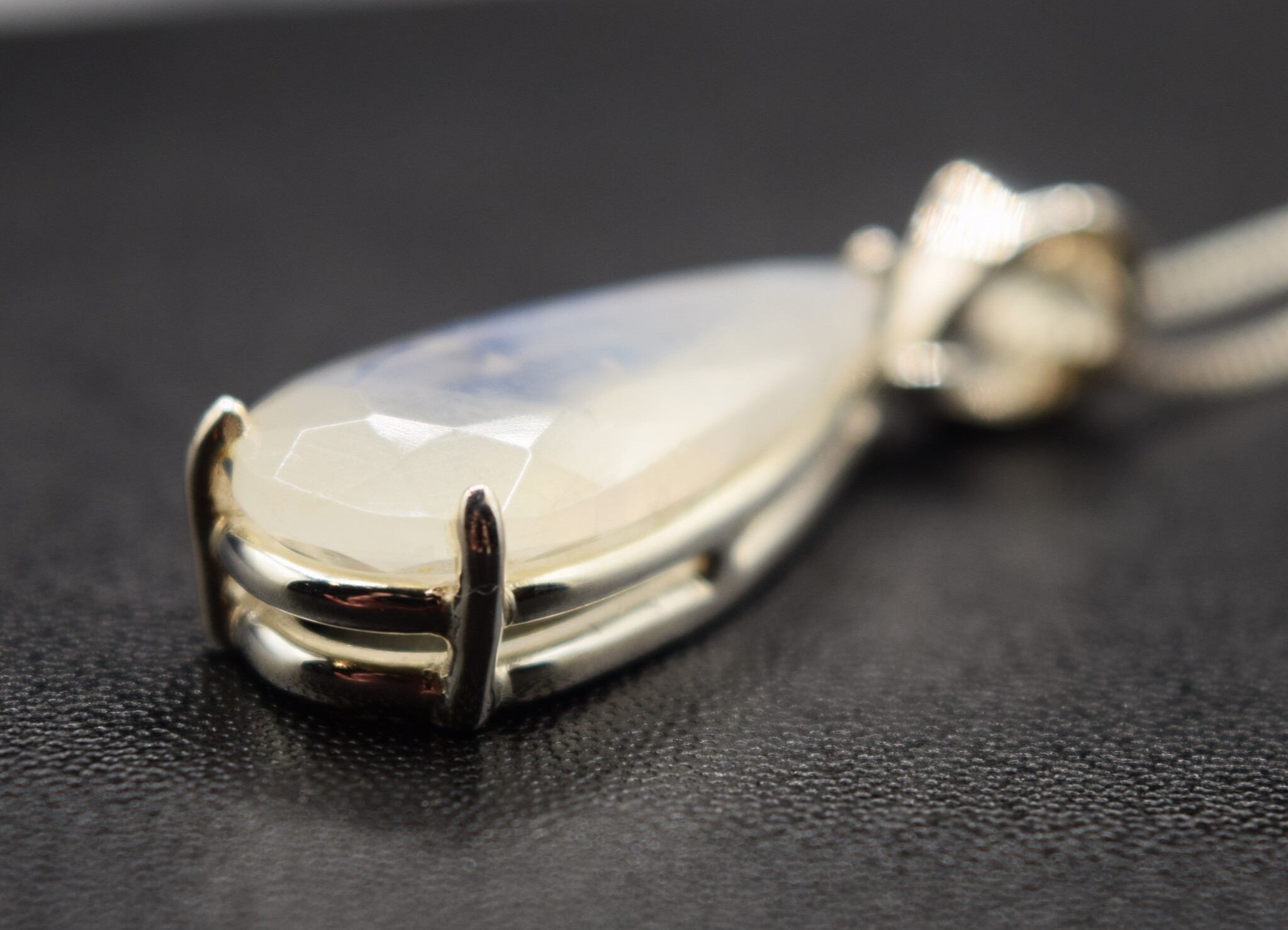 VIT 005 SS Rainbow Moonstone 11x27mm Faceted Teardrop Shaped Pendant With 18" Box Chain