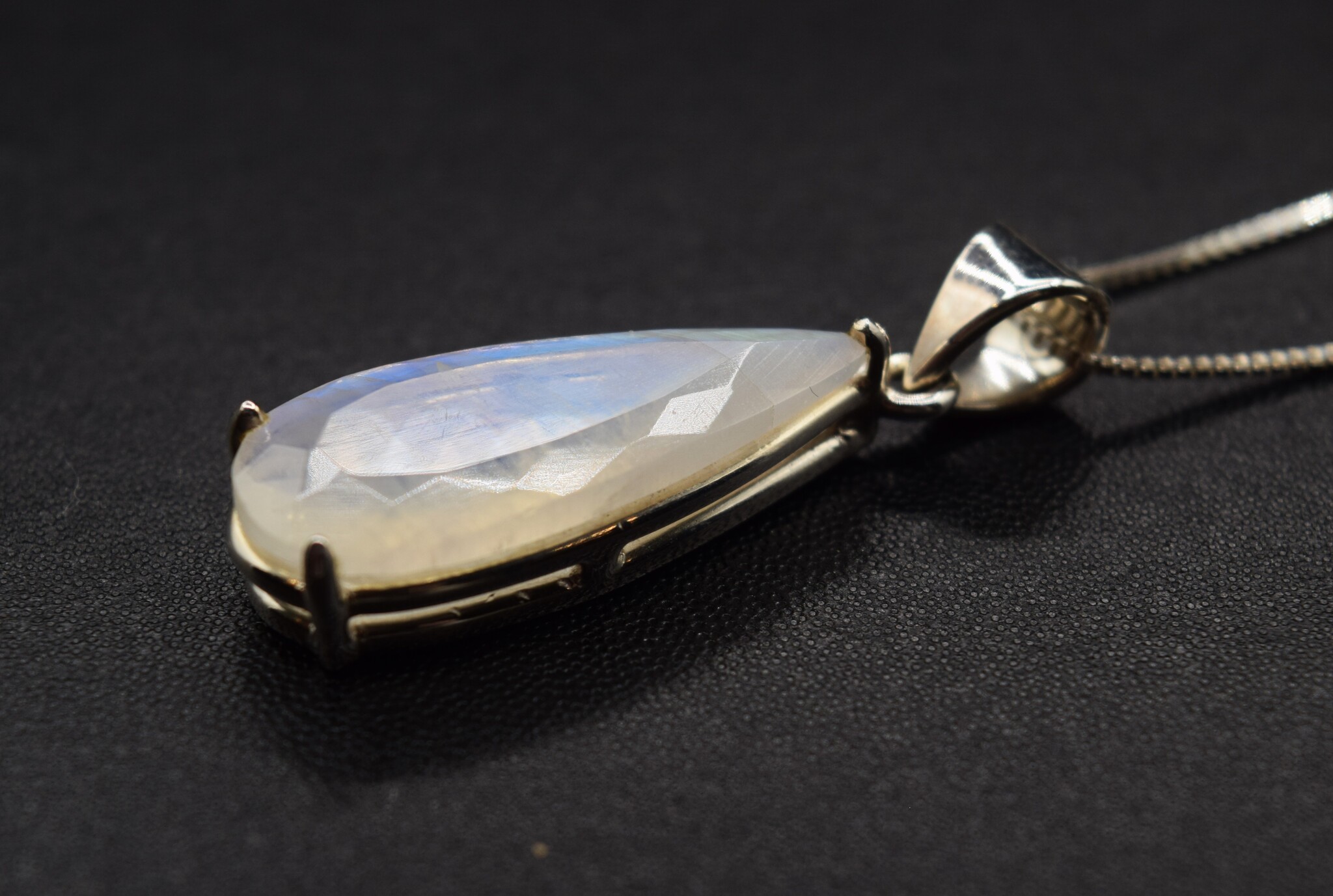 VIT 005 SS Rainbow Moonstone 11x27mm Faceted Teardrop Shaped Pendant With 18" Box Chain