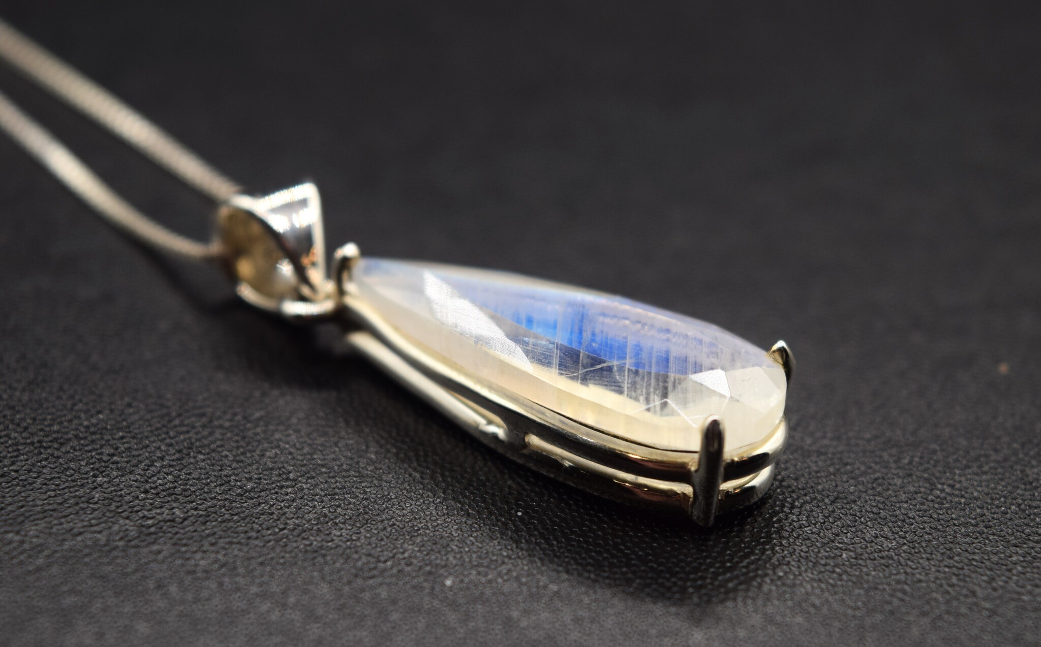 VIT 005 SS Rainbow Moonstone 11x27mm Faceted Teardrop Shaped Pendant With 18" Box Chain