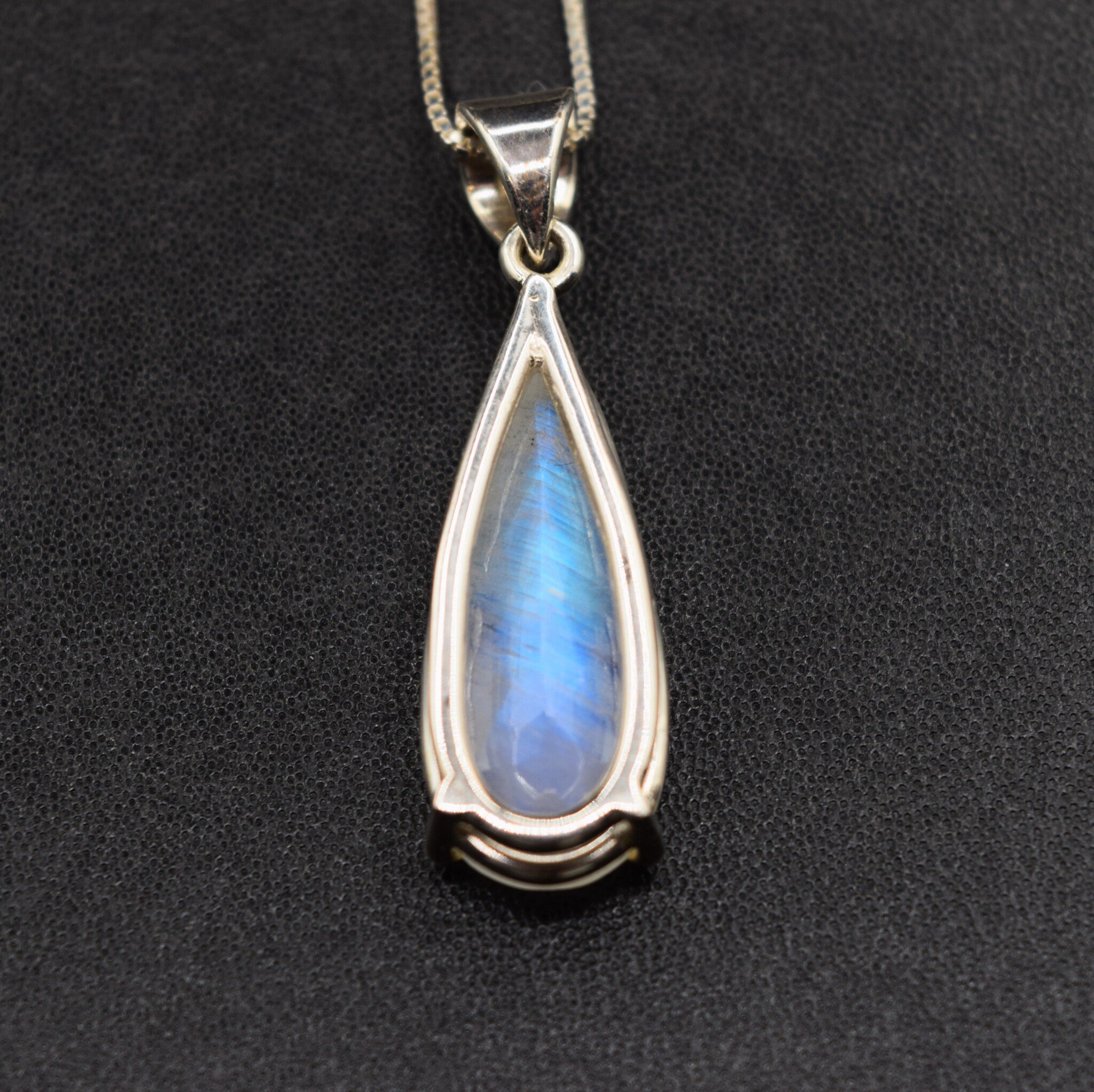 VIT 005 SS Rainbow Moonstone 11x27mm Faceted Teardrop Shaped Pendant With 18" Box Chain