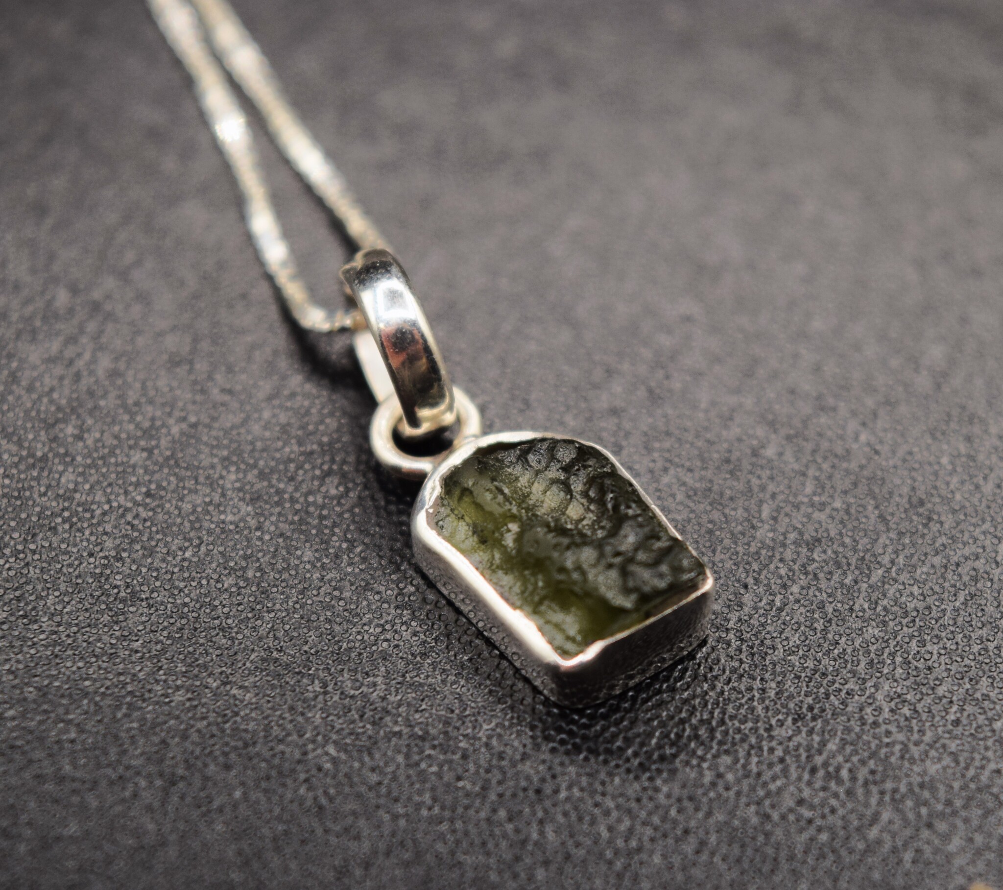 SS Moldavite Rough Tektite 11x9mm Bezel-Set Pendant on 0.9mm Box Chain