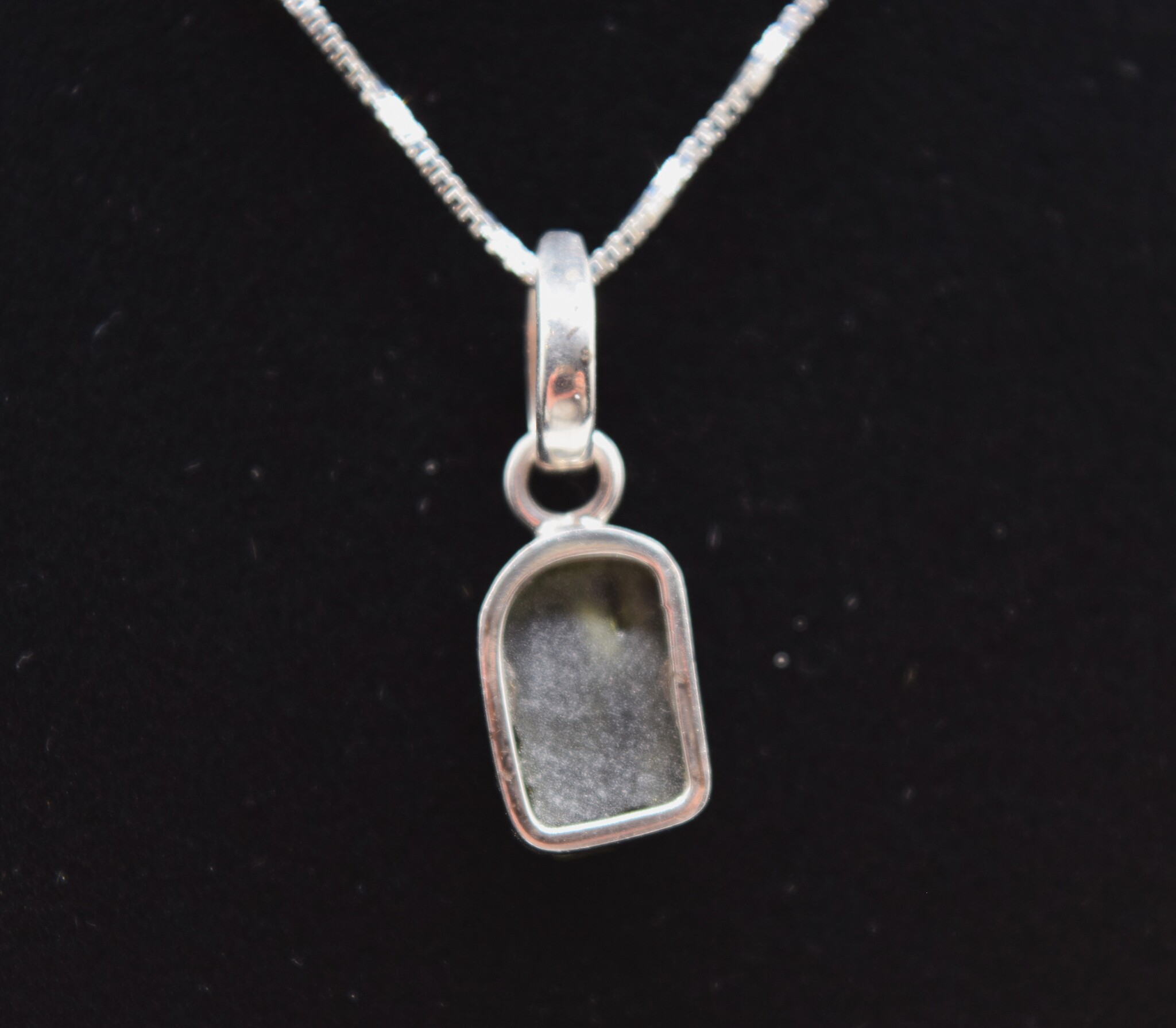 SS Moldavite Rough Tektite 11x9mm Bezel-Set Pendant on 0.9mm Box Chain
