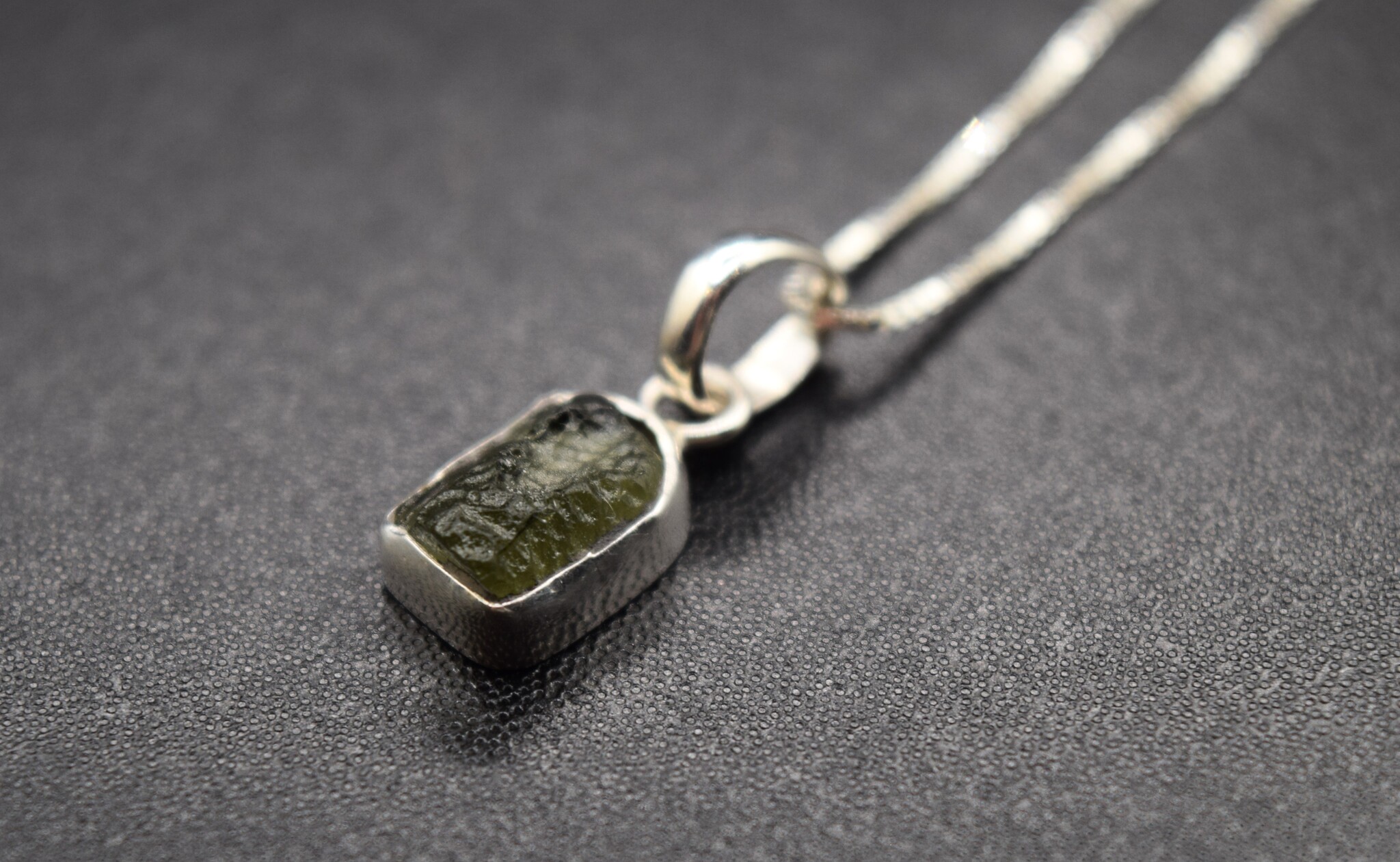 SS Moldavite Rough Tektite 11x9mm Bezel-Set Pendant on 0.9mm Box Chain