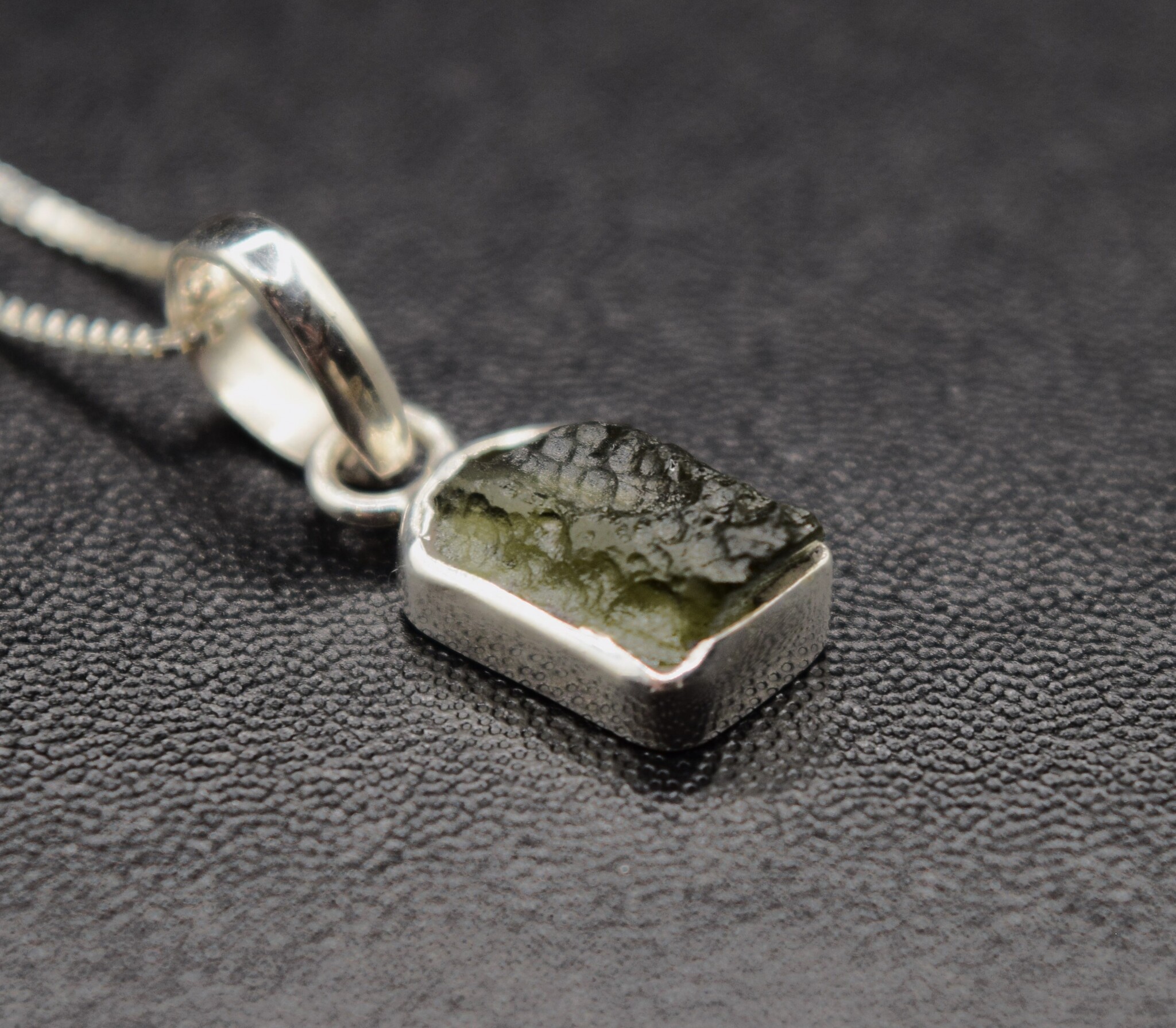 SS Moldavite Rough Tektite 11x9mm Bezel-Set Pendant on 0.9mm Box Chain