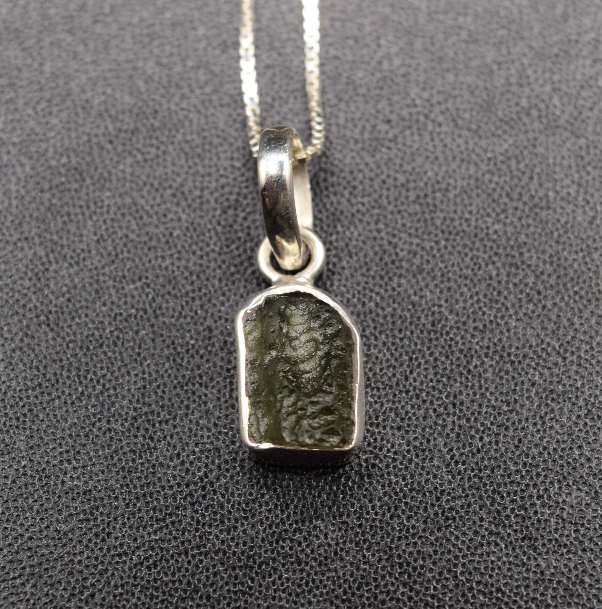 SS Moldavite Rough Tektite 11x9mm Bezel-Set Pendant on 0.9mm Box Chain