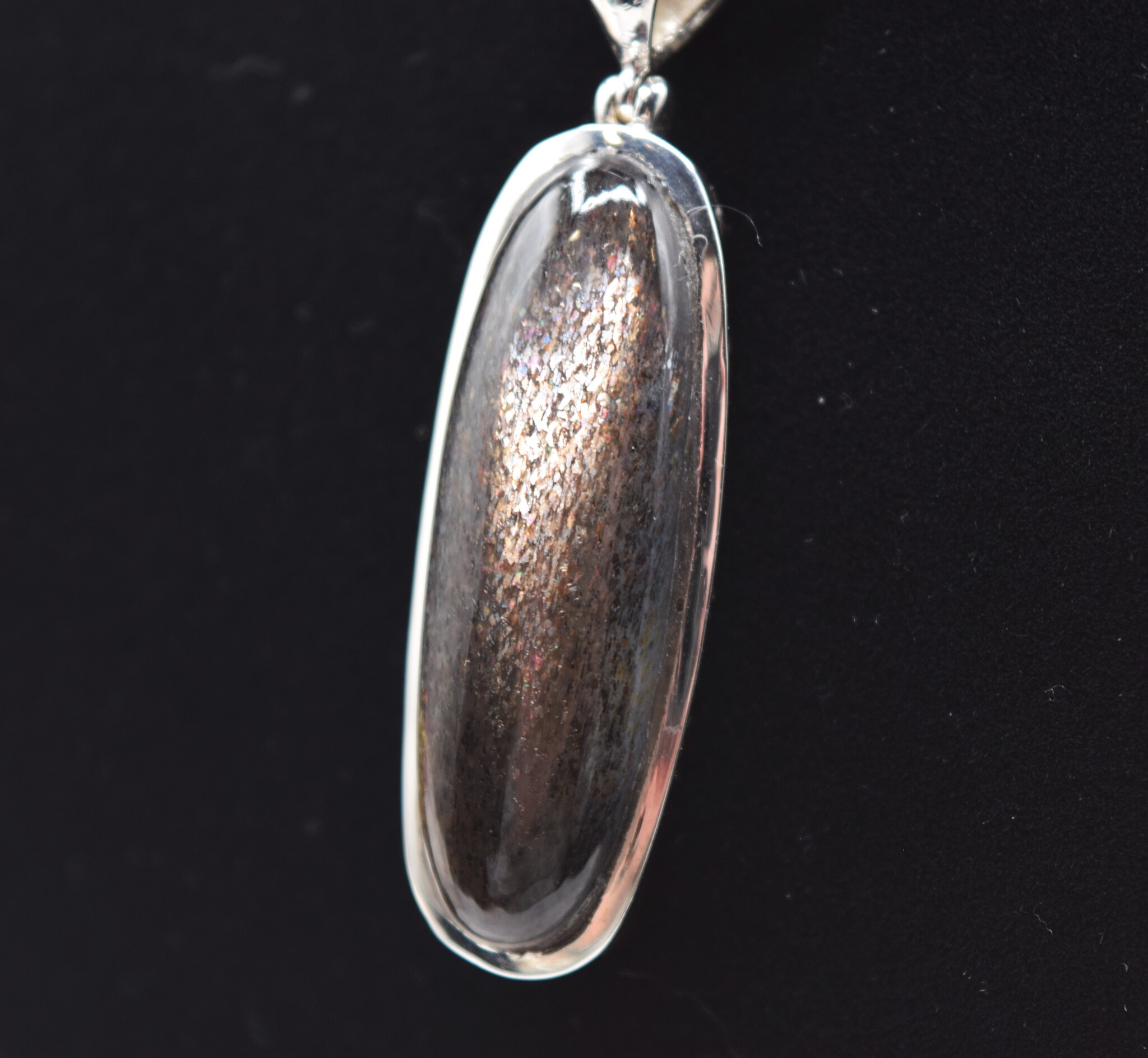 STB 001 SS Black Sunstone 13x39mm Oval Cabochon Bezel Set Pendant With Hinged Bail on 18 " Box Chain Necklace