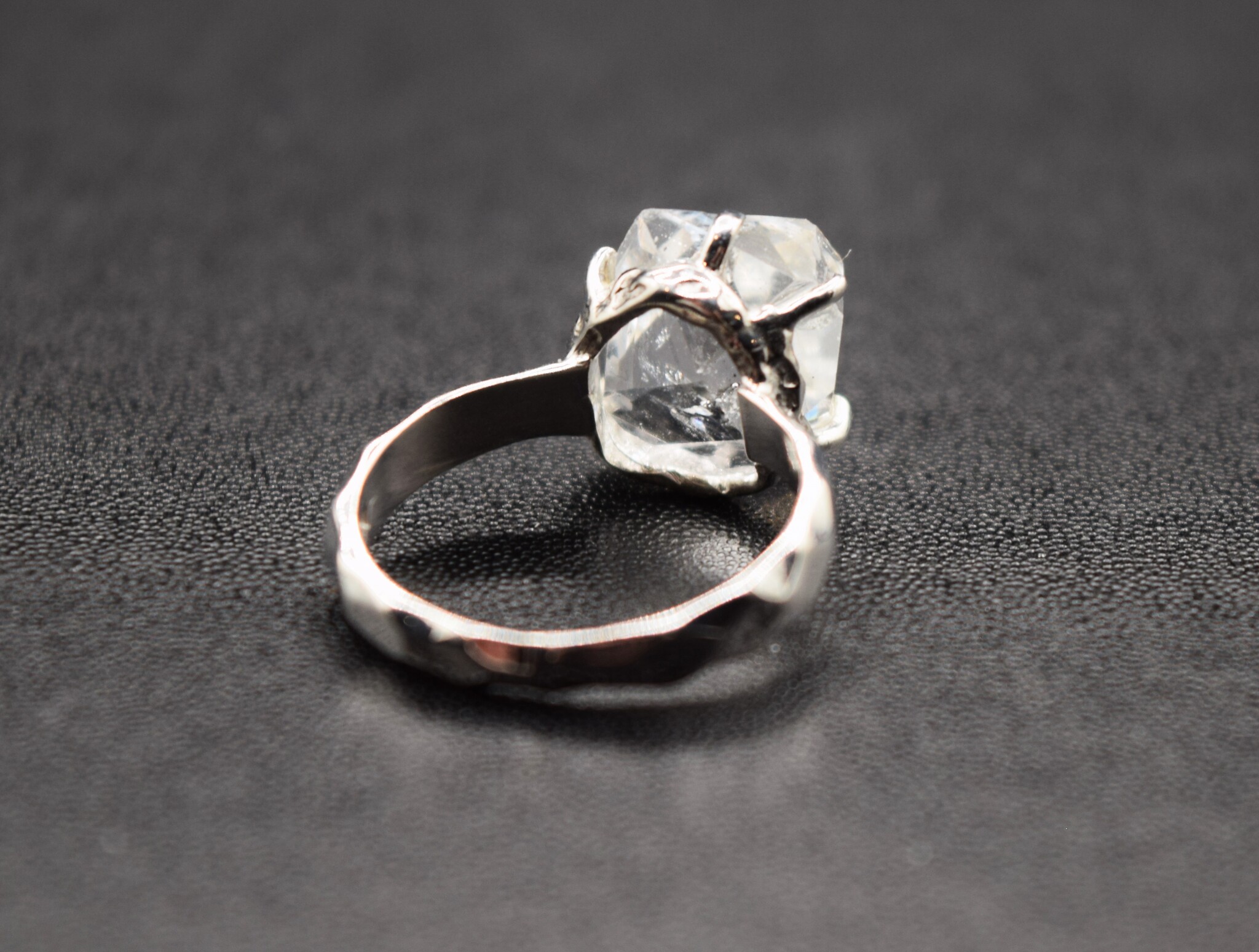 STB 001 SS Herkimer 13x14mm Crystal Prong Set Ring With Hammered Shank, Sz. 8