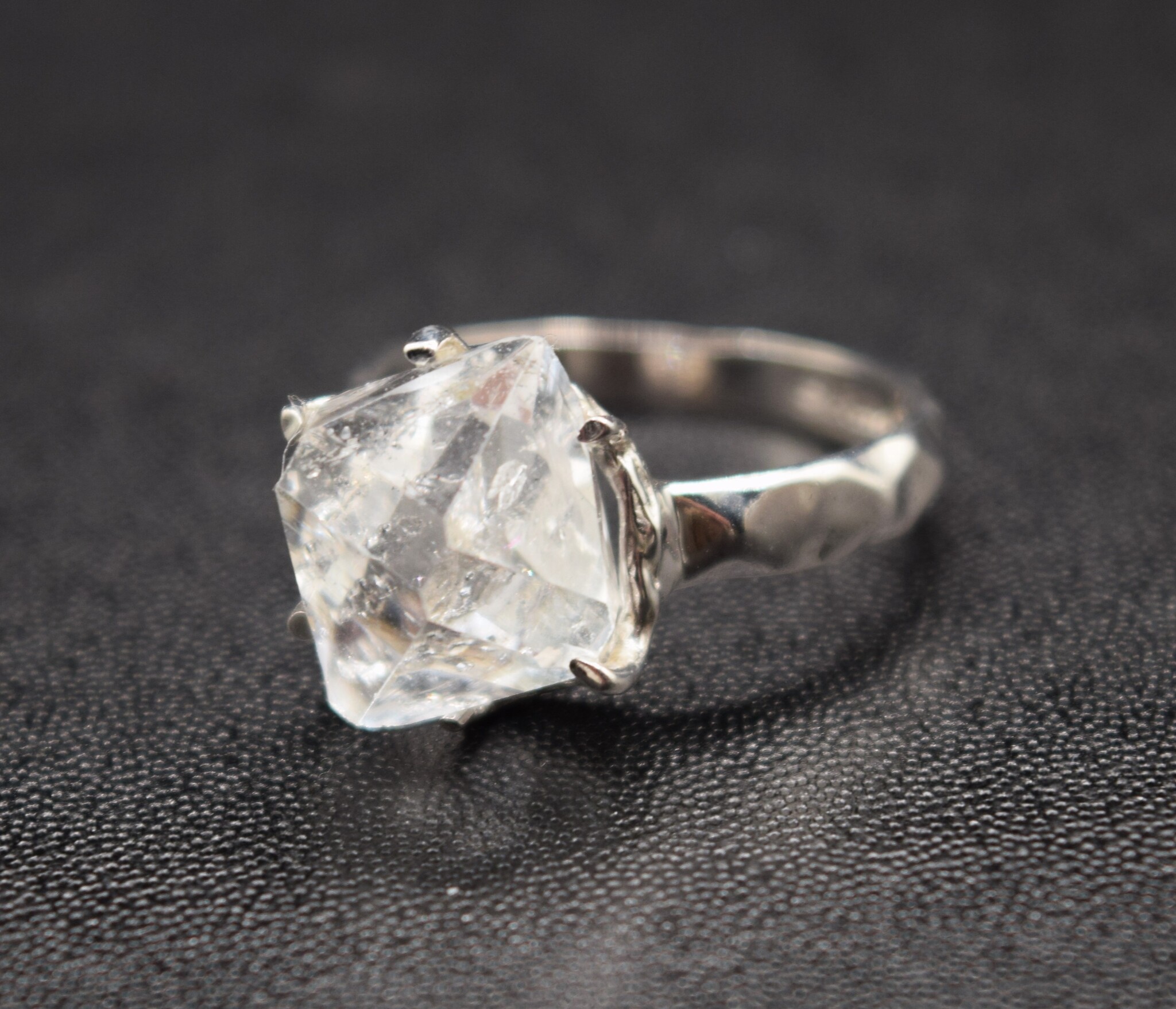 STB 001 SS Herkimer 13x14mm Crystal Prong Set Ring With Hammered Shank, Sz. 8