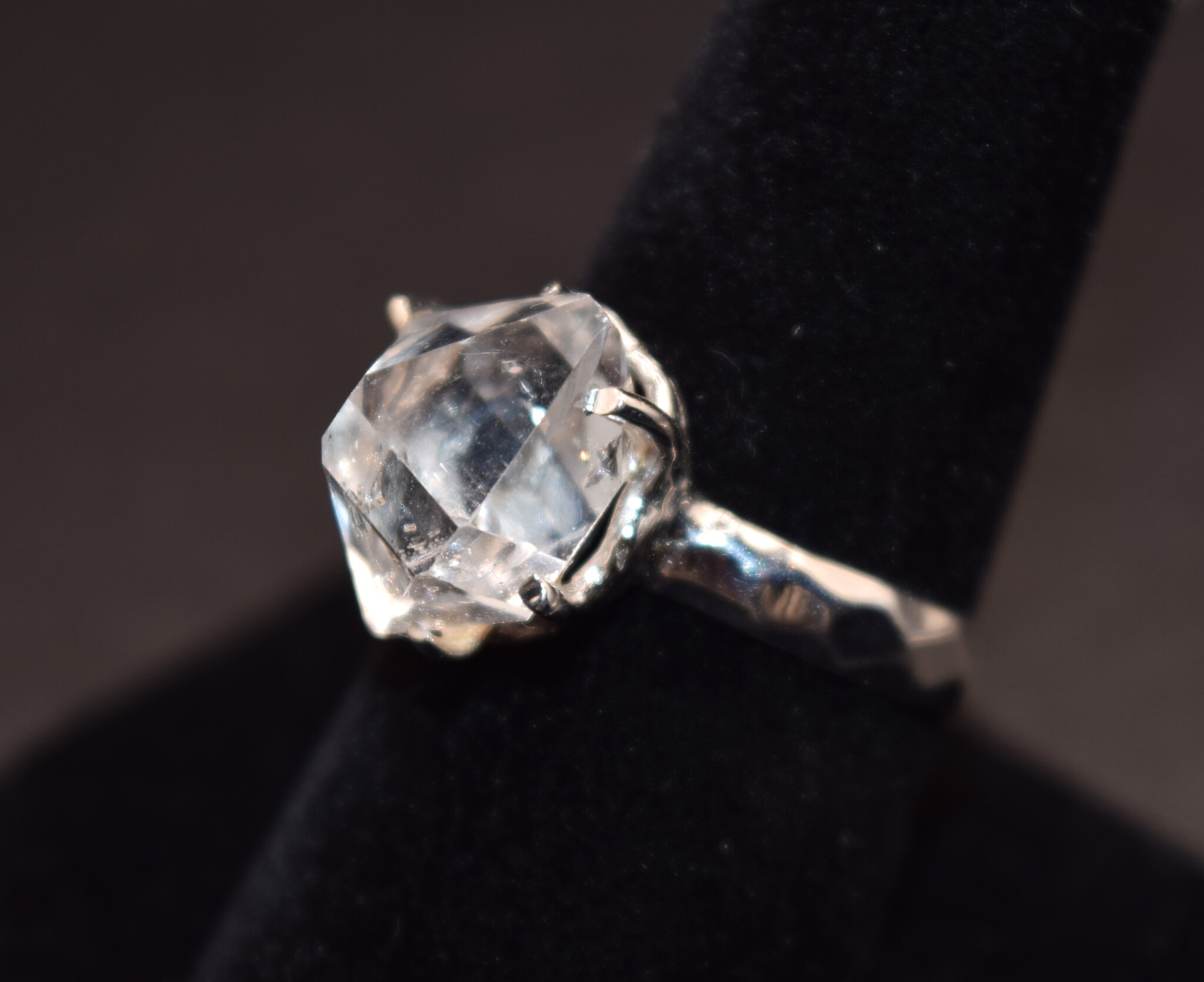 STB 001 SS Herkimer 13x14mm Crystal Prong Set Ring With Hammered Shank, Sz. 8