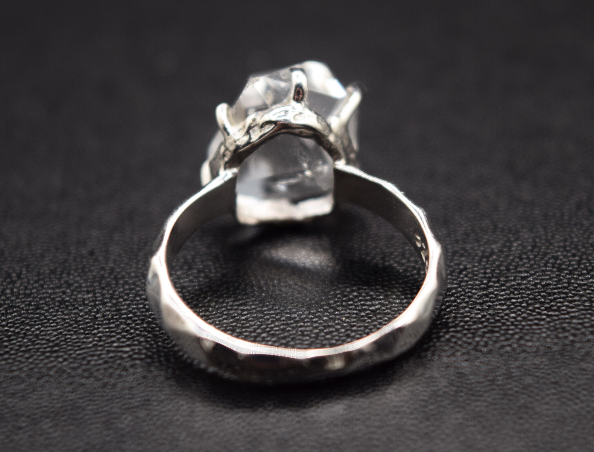 STB 001 SS Herkimer 13x14mm Crystal Prong Set Ring With Hammered Shank, Sz. 8