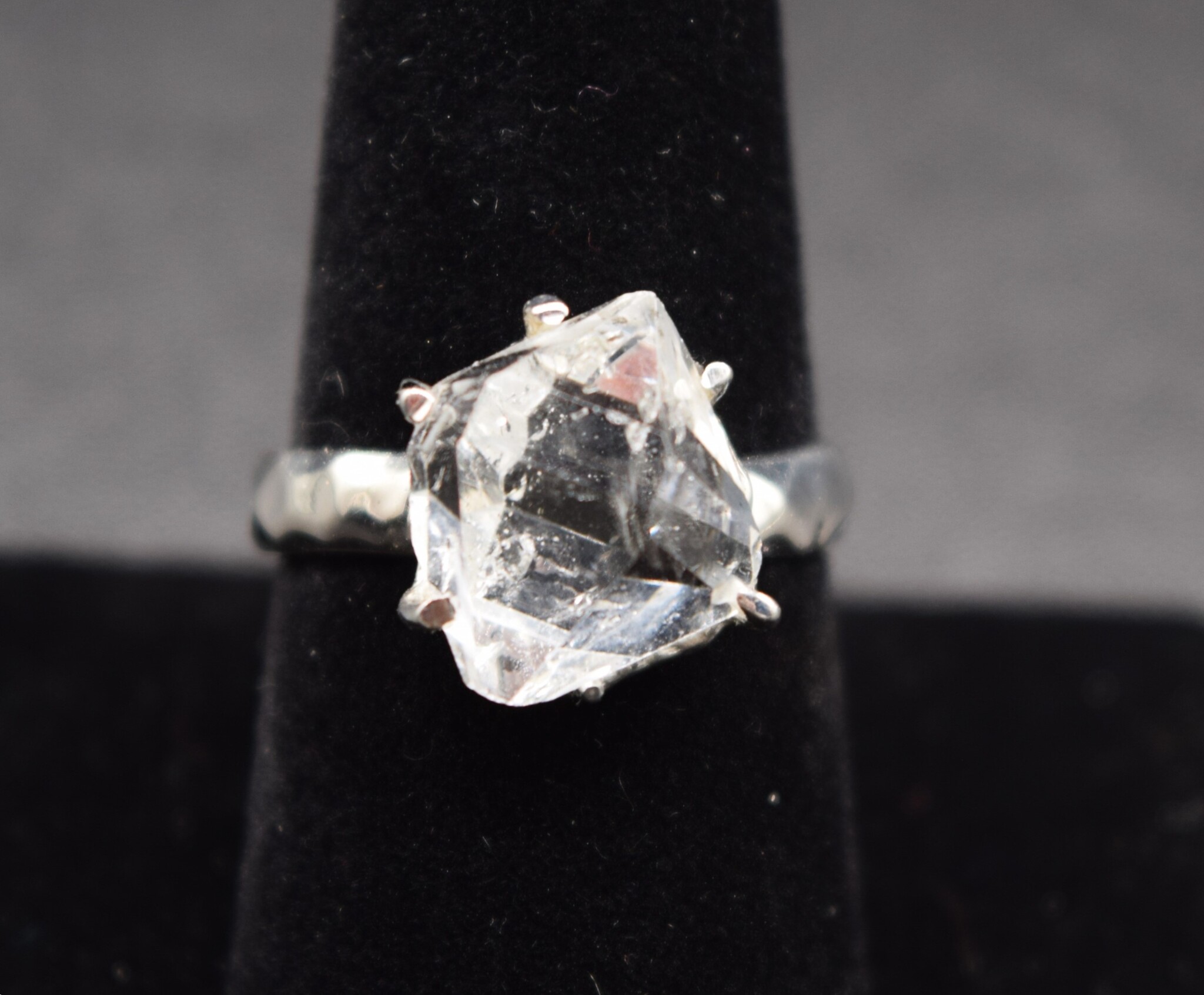 STB 001 SS Herkimer 13x14mm Crystal Prong Set Ring With Hammered Shank, Sz. 8
